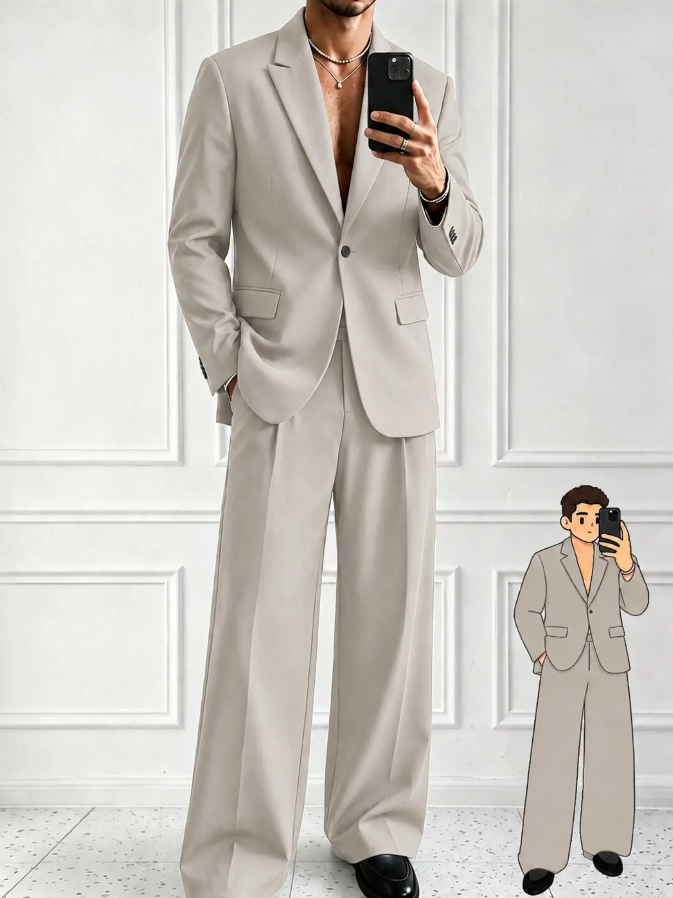 Men's Loose Fit Suit Set, Wide Leg Floor-Length Pants, Casual Vacuum Single Button Blazer, Two-Piece Suit, Comfortable and Stylish