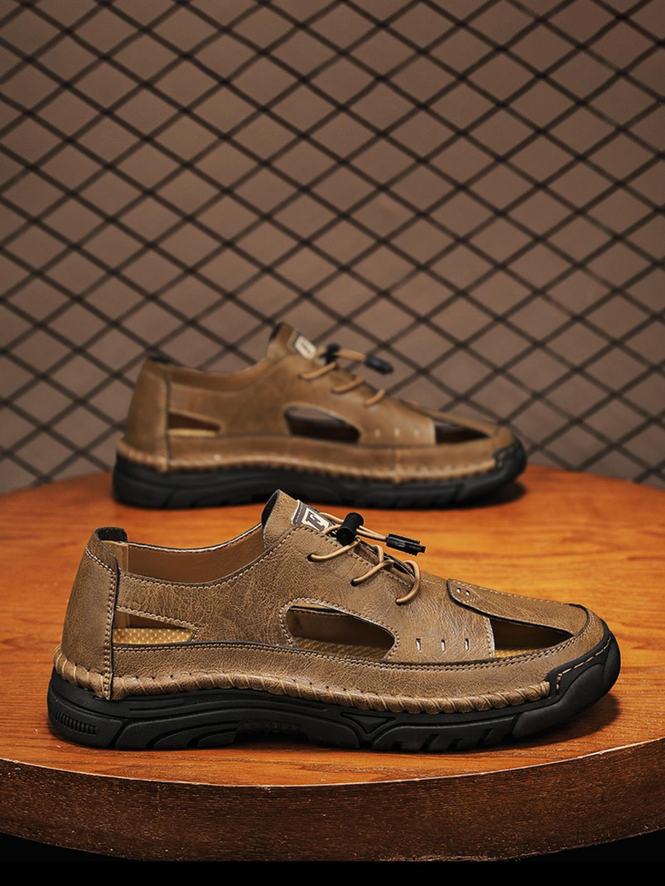 Men's Solid Color Hand-Stitched Closed-Toe Sandals Drawstring Soft Sole Water Shoes Breathable Slip-On Outdoor Beach Shoes