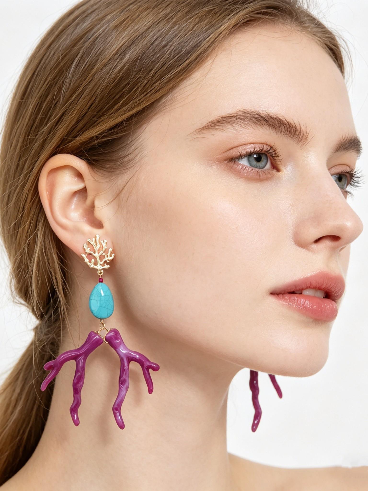 Boho Turquoise Geometric Acrylic Coral Earrings, Multicolor Fashion Alloy Ear Studs, Ocean Casual Vacation Style Jewelry