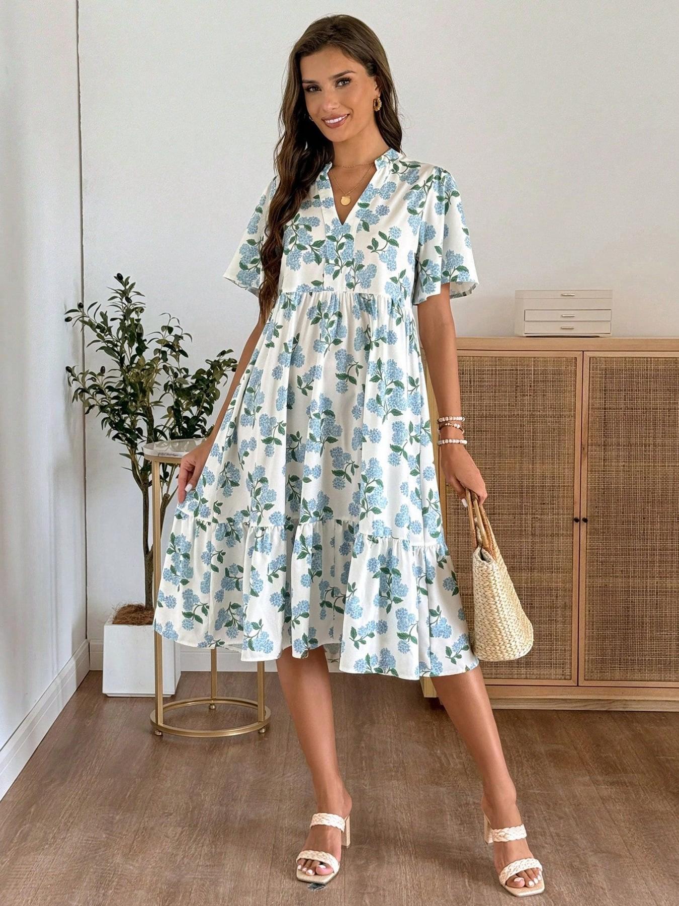 Women's Fashion Blue Floral V Neck Short Sleeve a Line Dress, Summer Loose Fit Slimming Medium Long Babydoll Style Vacation Dress, Womenswear