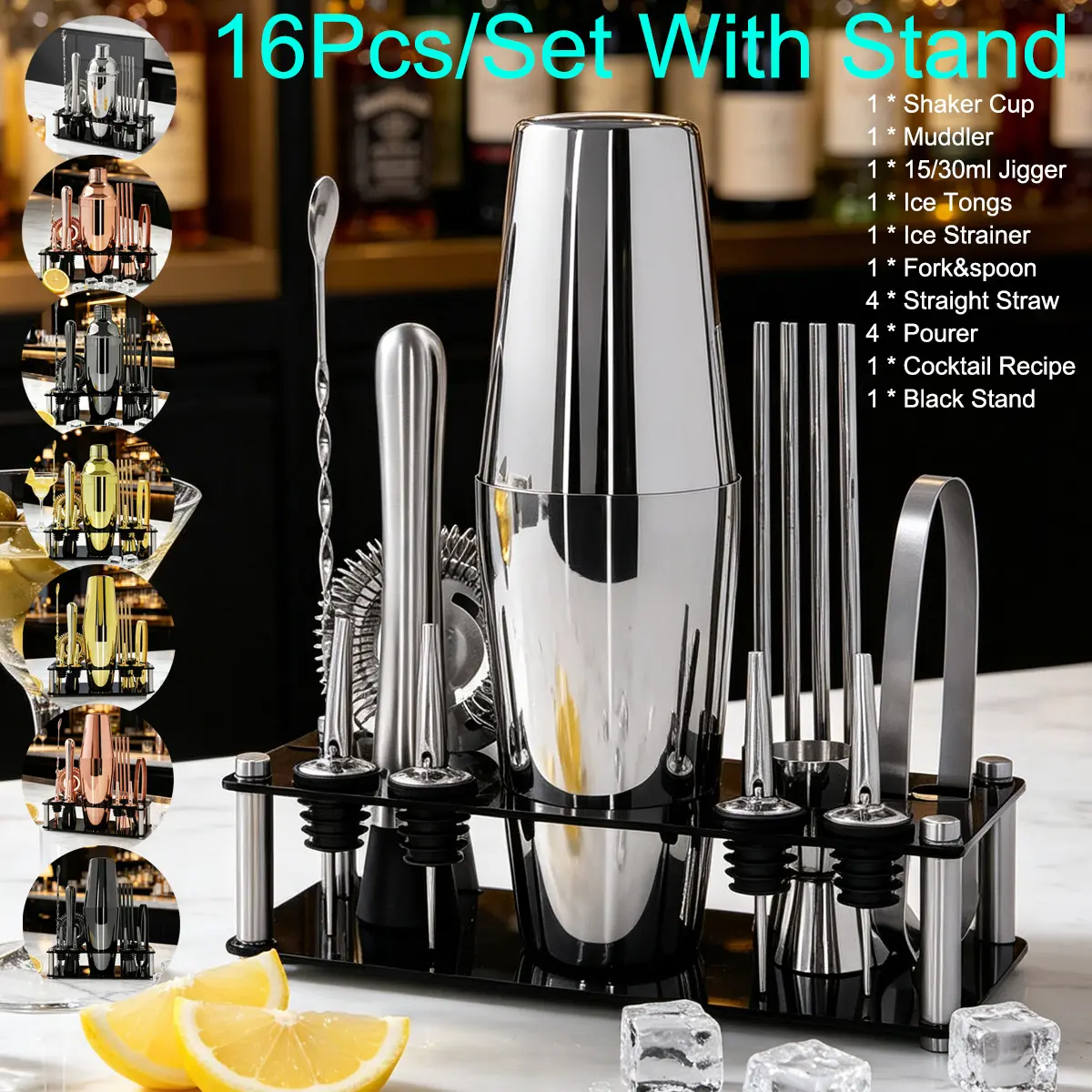16-Piece Stainless Steel Bartender Kit with Stand - Kitchenware Utensils for Home Bar Adults, Silver Portable 750/600ml (25/20oz) Cocktail Shakers, Spoons, Cup, Glass, Bar Measure, Ice Tongs, Party Drink Station & Cocktail Recipes