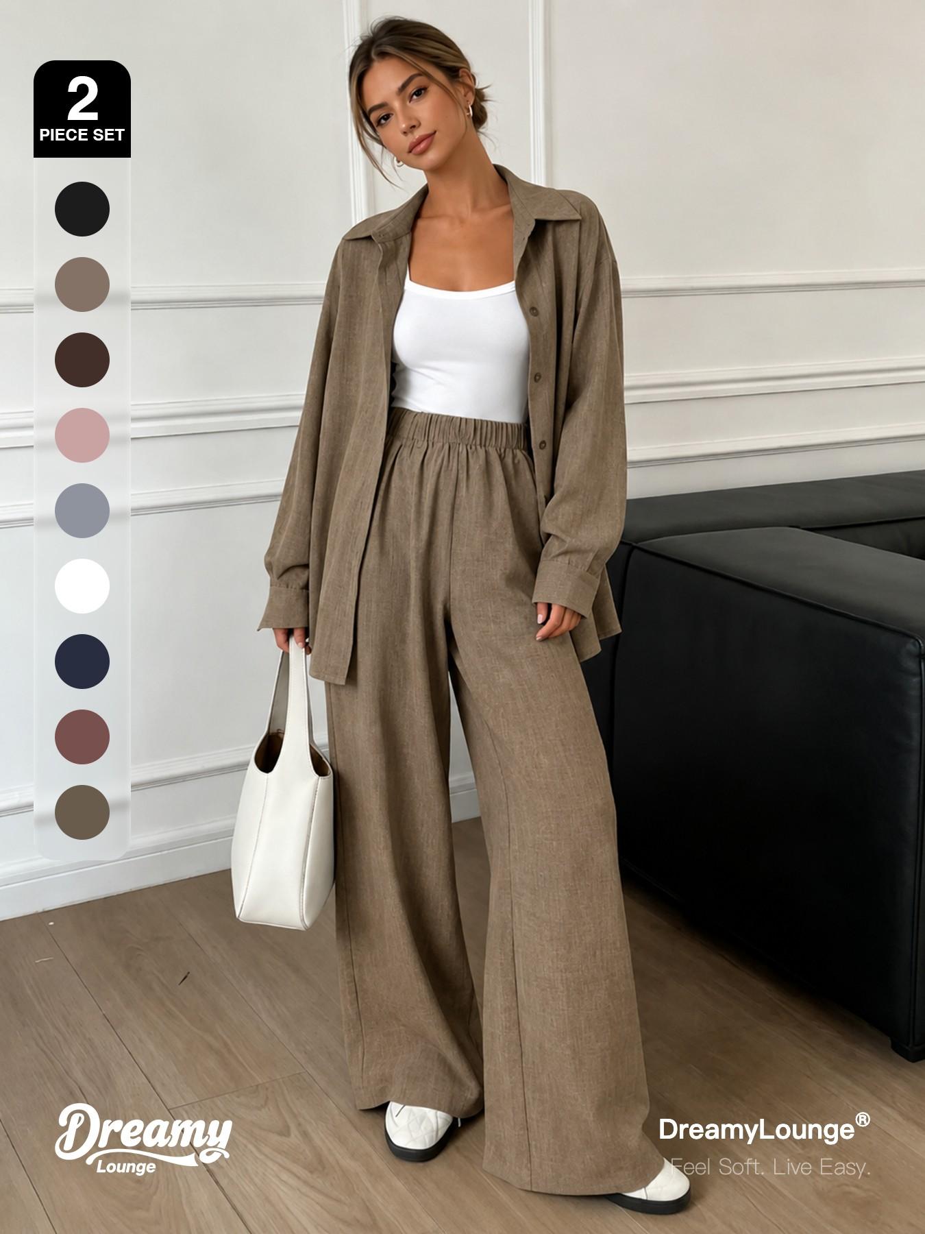 2-Piece Set DreamyLounge Women's Textured Linen-Look Loungewear Set, Oversized Button Down Shirt and Wide Leg Pants Matching Set for Travel, Coffee Run and Everyday Wear