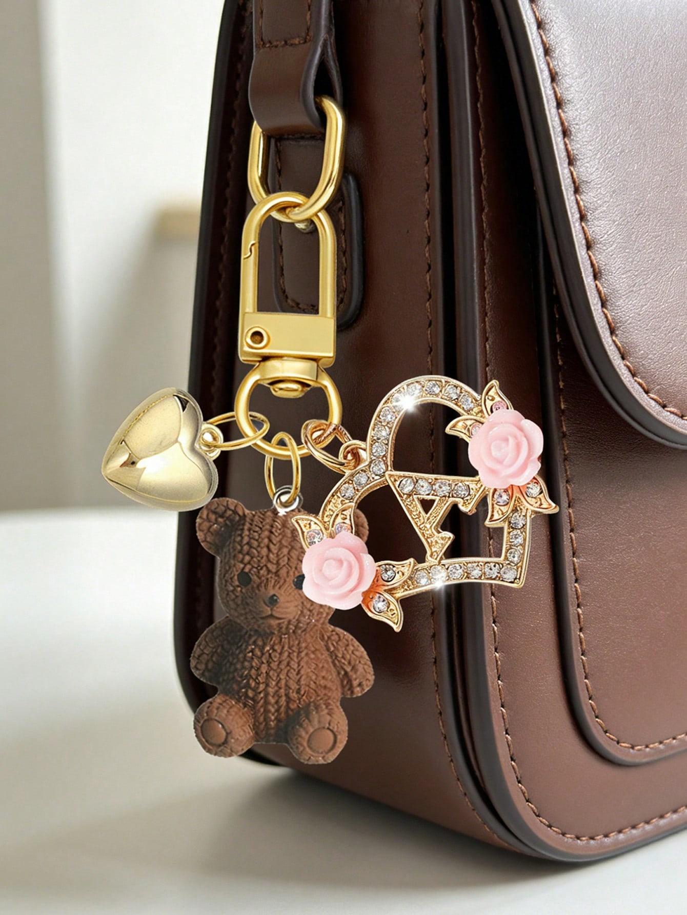 1 letter teddy bear keychain, hollow heart-shaped flower letter design, cute bear pendant charm suitable for handbags, wallets, backpacks, travel bags, Bag Charms, decorative keychain suitable for gym, classroom, games, Keychain Accessory