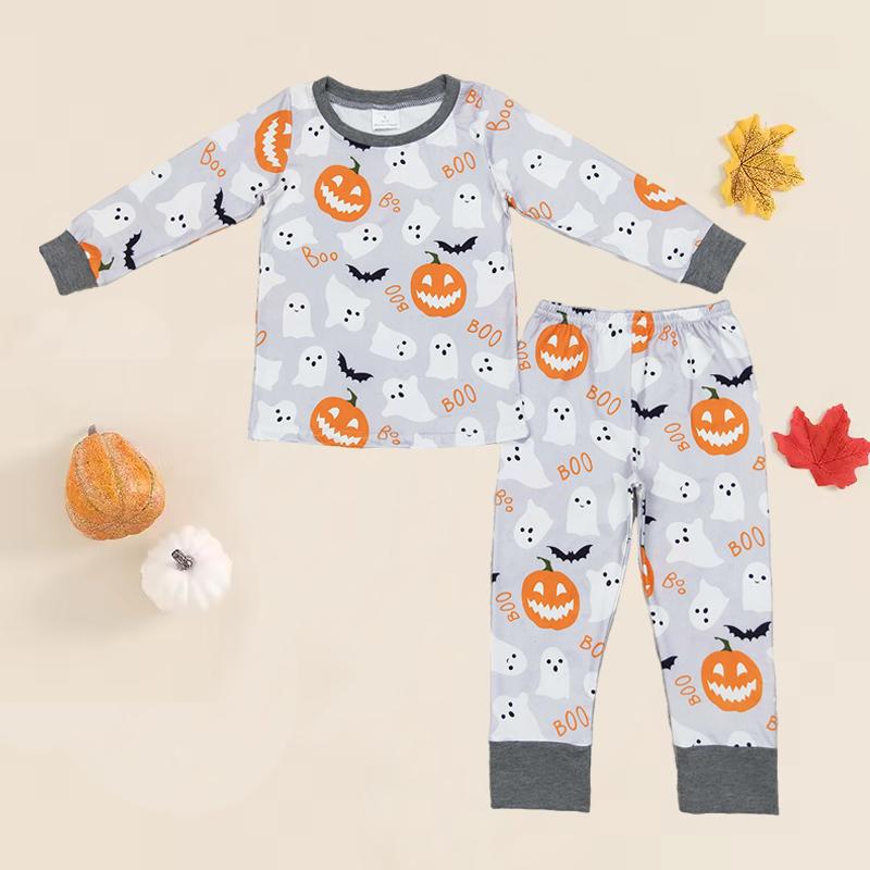 Cute Kids Boys Pajamas Halloween Grey Ghost Pumpkin Shirt Pants Sleepwear Clothes Sets Leopard Print sleep