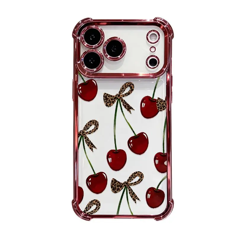 Four Corners Phone Case for iPhone 18 17 16 Pro Max 15 Plus 14 13 12 11 E Air Cherry Bow Pattern Anti-drop Cellphone Protective Durable Total Coverage Shockproof Phone Cover