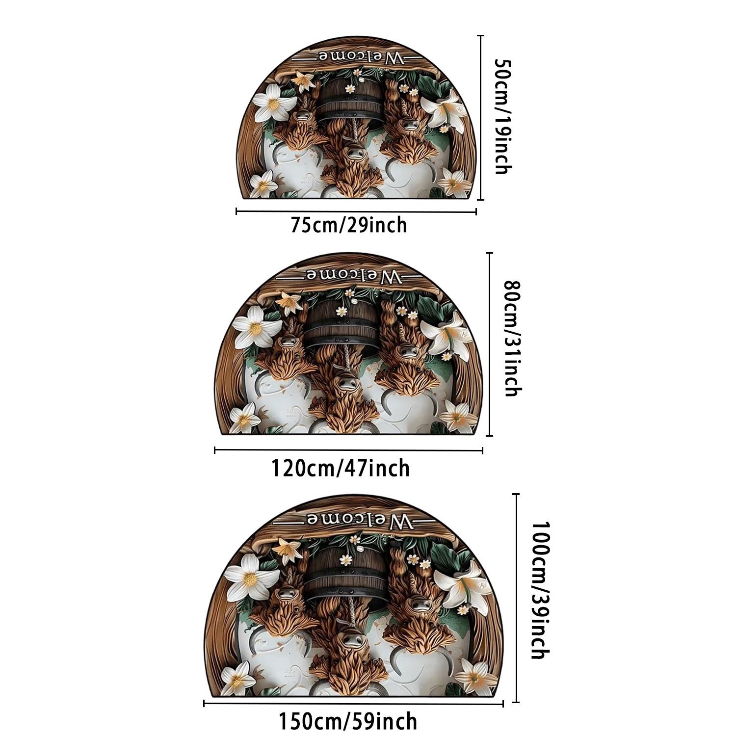 Half Round Welcome Door Mat, Vintage American Style Highland Cow Rug, Indoor Entrance Hall Carpet, Durable Fabric, Suitable for Living Room Bedroom