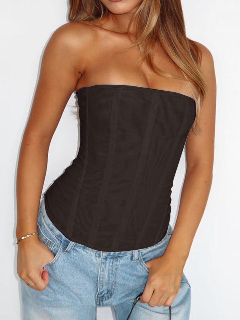 Women's Fishbone Corset Structure Crop Cami Top Solid Tube Top for Daily Wear Mesh Corset Top
