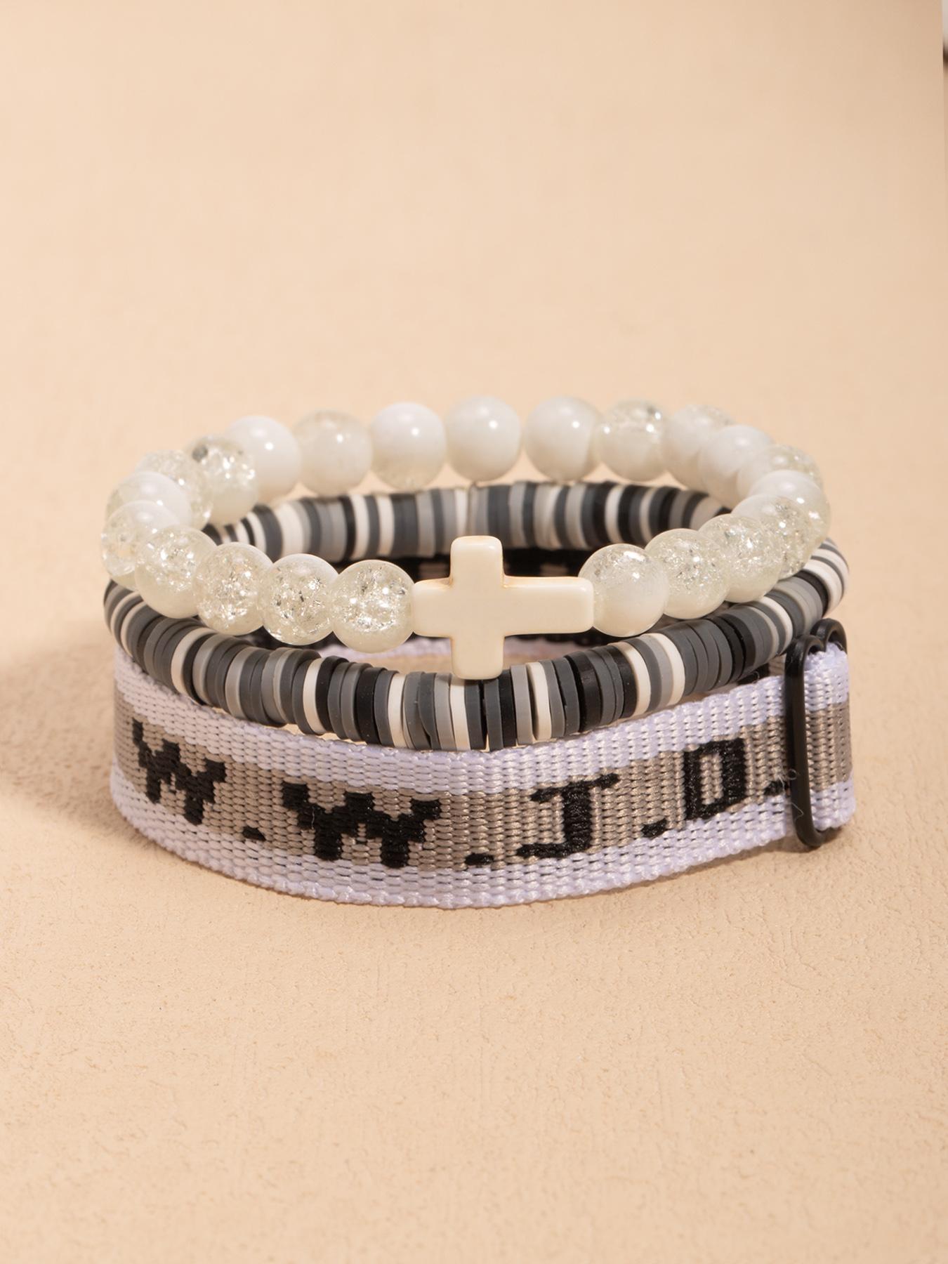 WWJD Letter Beaded Bracelet, Fashionable Cross Charm Decor Beaded Bracelet for Women & Men, Trendy All-match & Exquisite Jewelry for Birthday Gift, Neutral Design, Stackable Bracelets