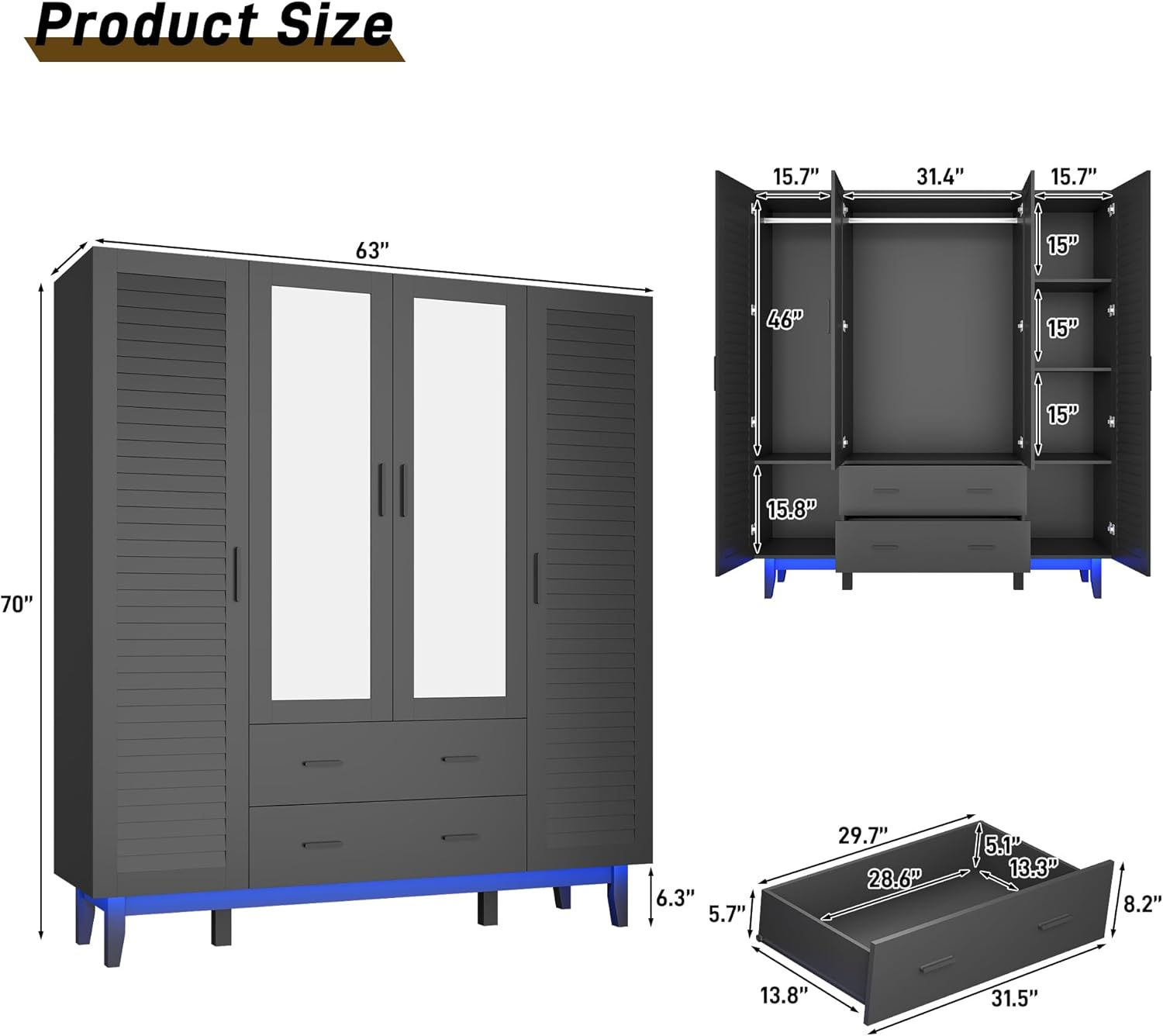 2/3/4 Door Armoire Wardrobe Closet Cabinet with Drawers and LED Lights, Multi-Tier Shelves, Hanging Rod & Louver Doors, Large Capacity Storage Wardrobe Armoire for Bedroom(Black/white)