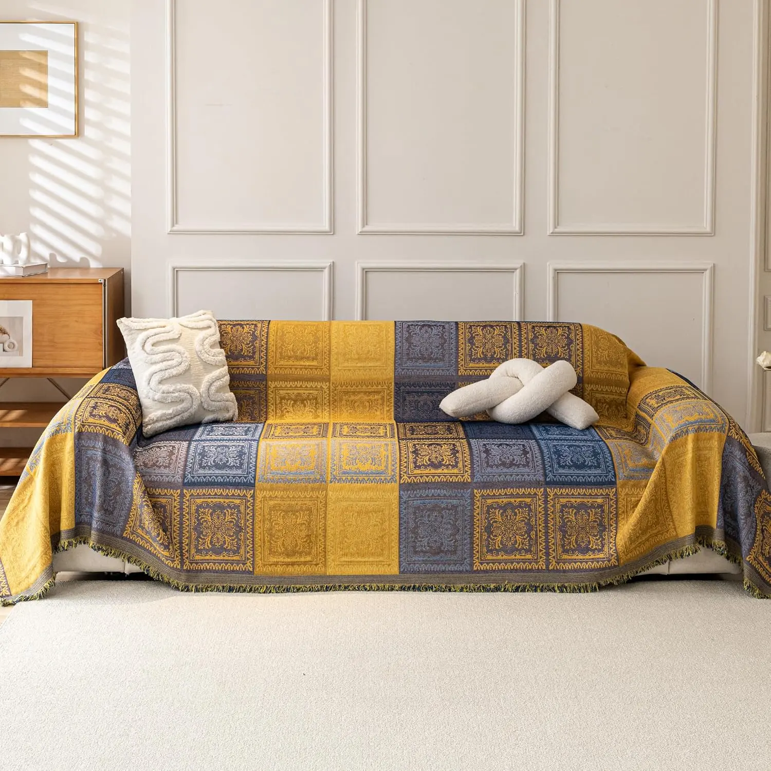 Boho Couch Covers Sofa Covers for 3 Cushion Couch Washable| Non Slip Loveseat Slipcovers, L Shape Sectional Couch Protector, Patchwork Damask Grid Cotton-,Yellow,71"x118"
