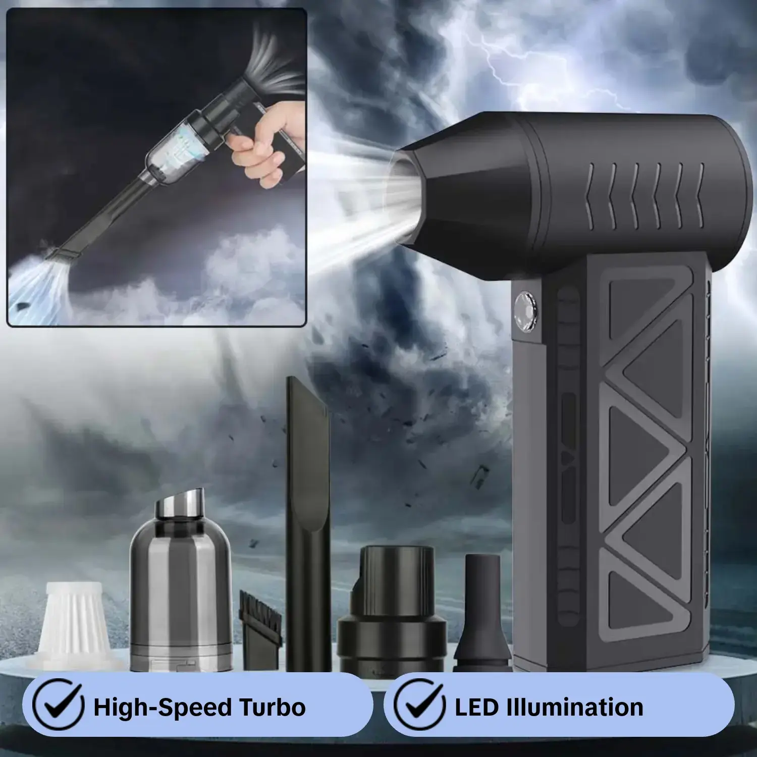 Multi functional portable rechargeable hair dryer, high-speed handheld turbo fan with LED light, equipped with optional vacuum cleaning tools. Indoor and outdoor work cleaning. Lighting, combustion assistance, air blowing, etc