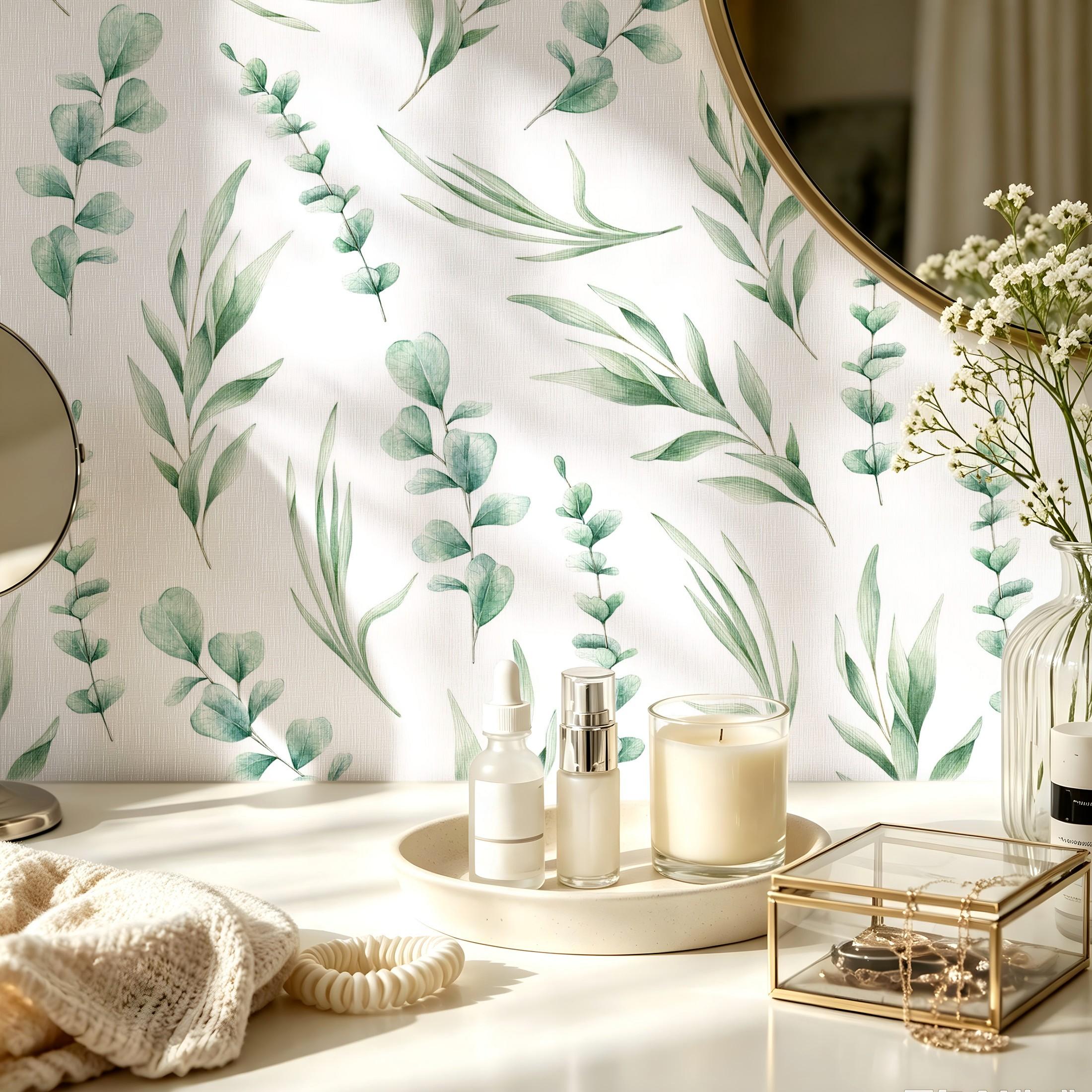 1 Roll Eucalyptus Green Leaves Peel and Stick Wallpaper 44.5cm/17.5in Wide, Waterproof Removable Color Fadeless Vinyl for Bathroom Living Room Decor, Length Options: 1m/2m/3m/5m/10m