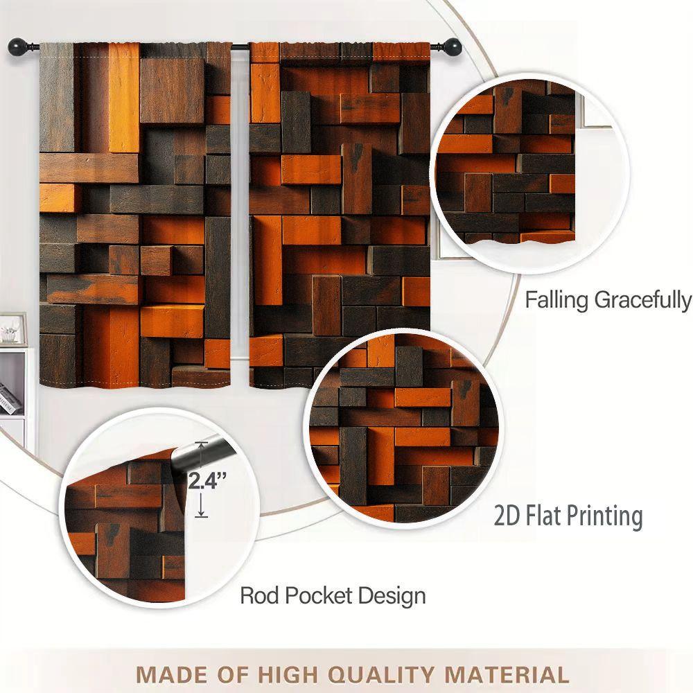 2pcs Window Curtains, Room Decor Curtain, A dynamic, 3D pattern crafted from rectangular blocks in varying shades of dark brown, grey. The textured surface evokes wood or stone, Window Drapes for Bedroom Living Room, Rod Pocket Window Treatment