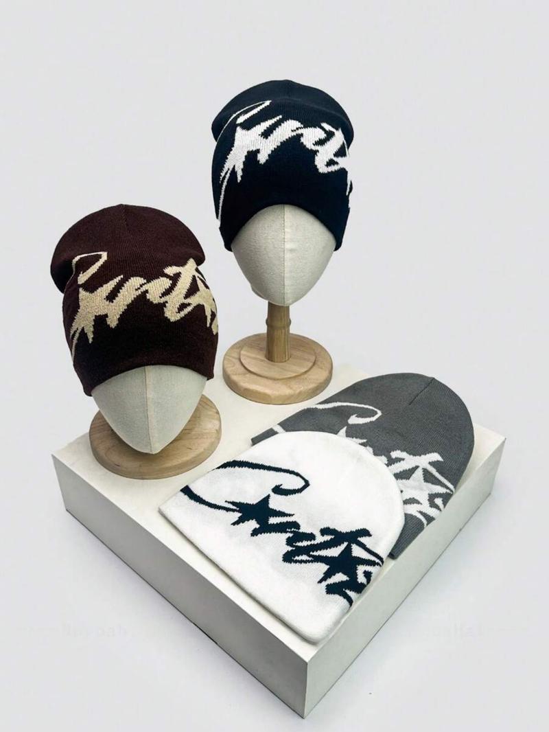 1pc Unisex American Hip Hop Streetwear Jacquard Knitted Beanie Fitted Hat, Warm & For Autumn/Winter Fall Outfit