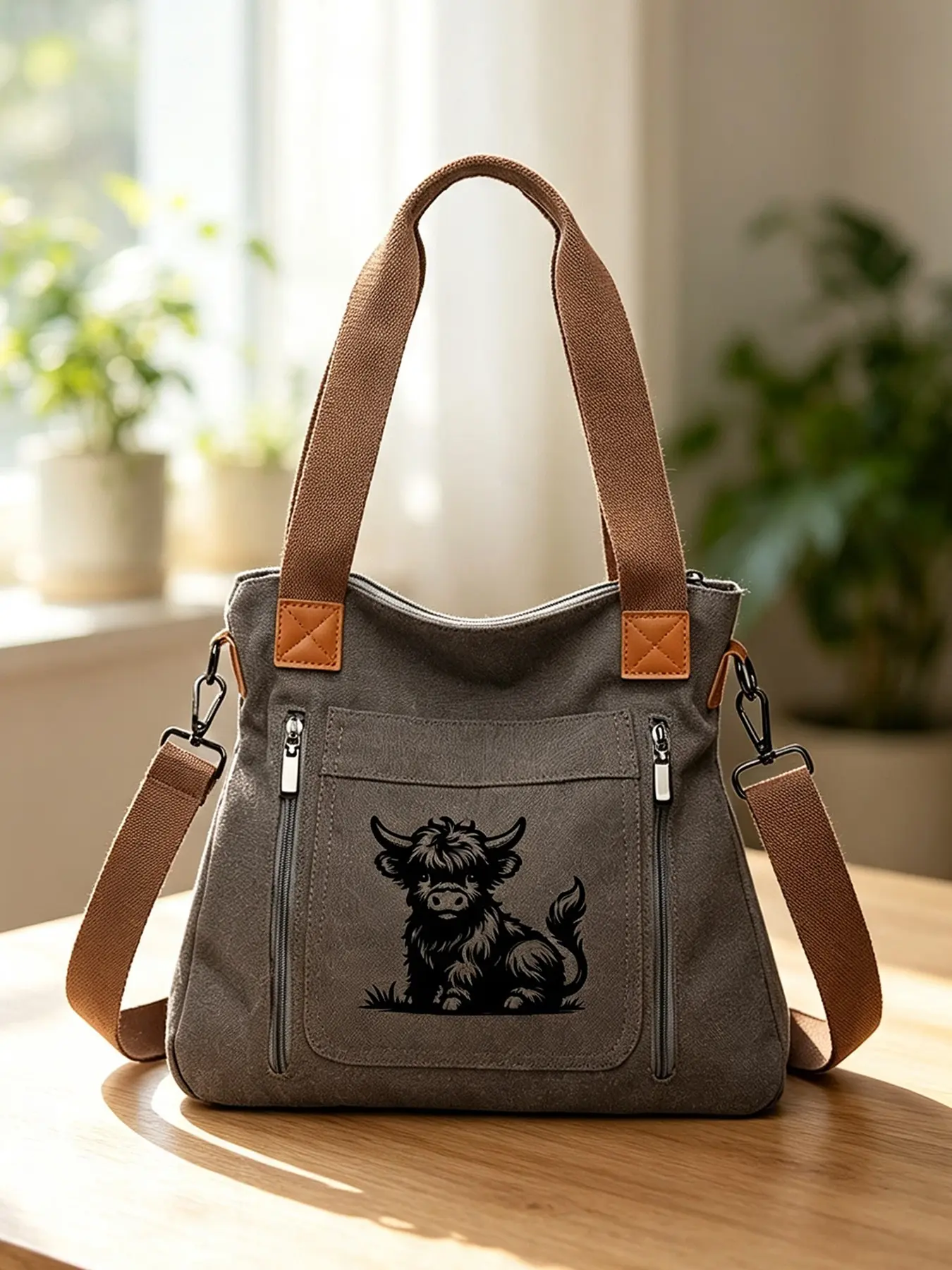 Wild Bull Print Canvas Tote Bag, Large Capacity Crossbody Backpack, Multi-Layer Shoulder Bag, Casual All-Season School & Daily Use