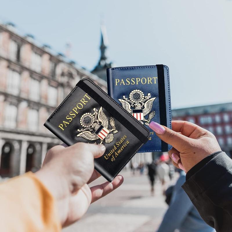 Minimalist RFID Blocking Passport Holder Wallet Cover Case for Women Men Family 3D Metal US Logo PU Leather Travel Wallet with Multiple Pockets