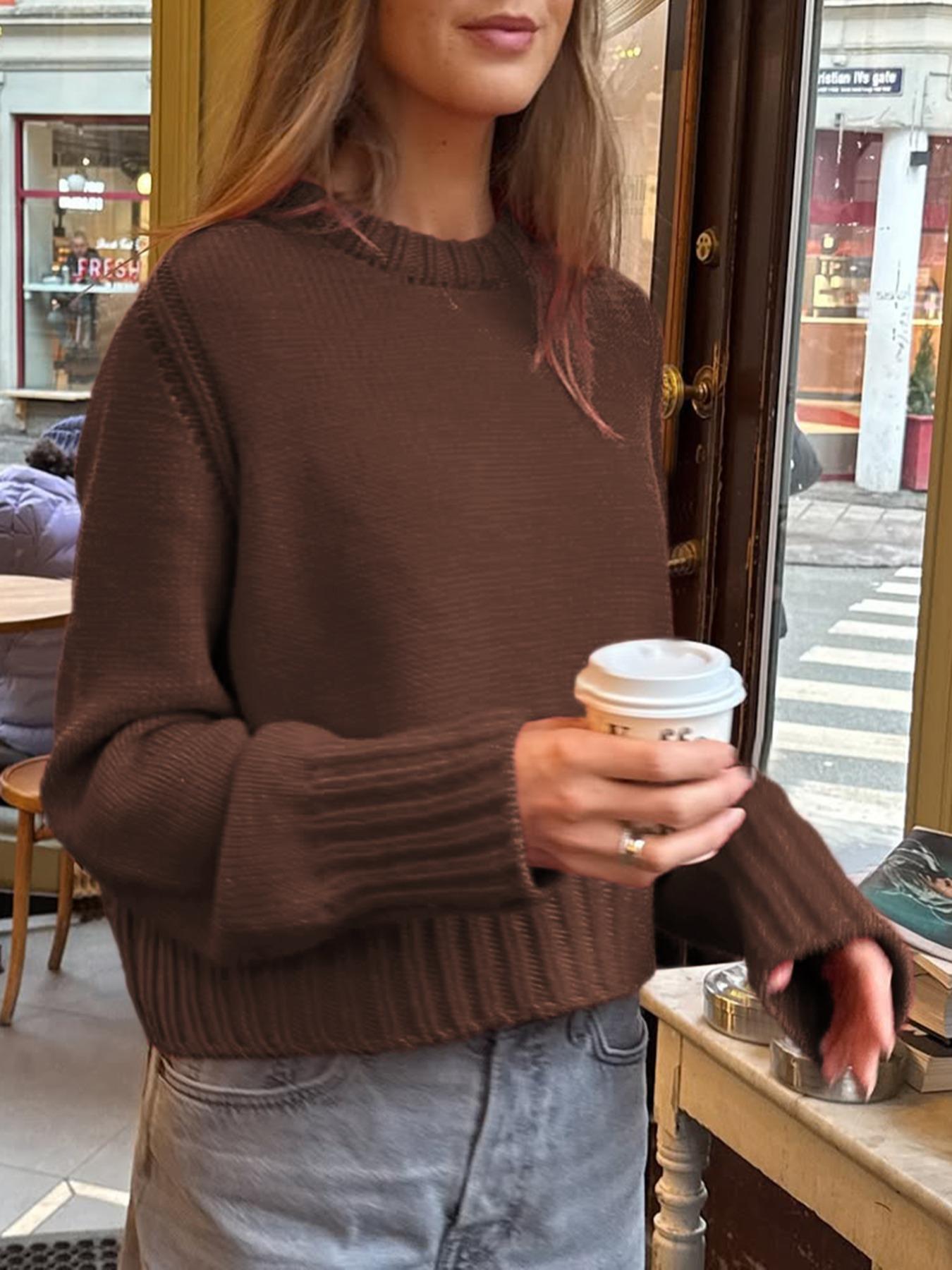 Pure Color Casual Round Neck Sweater Knitwear, Daily Commute Style, Thin Fabric,  Fall & Winter Wear, Women's Fashion