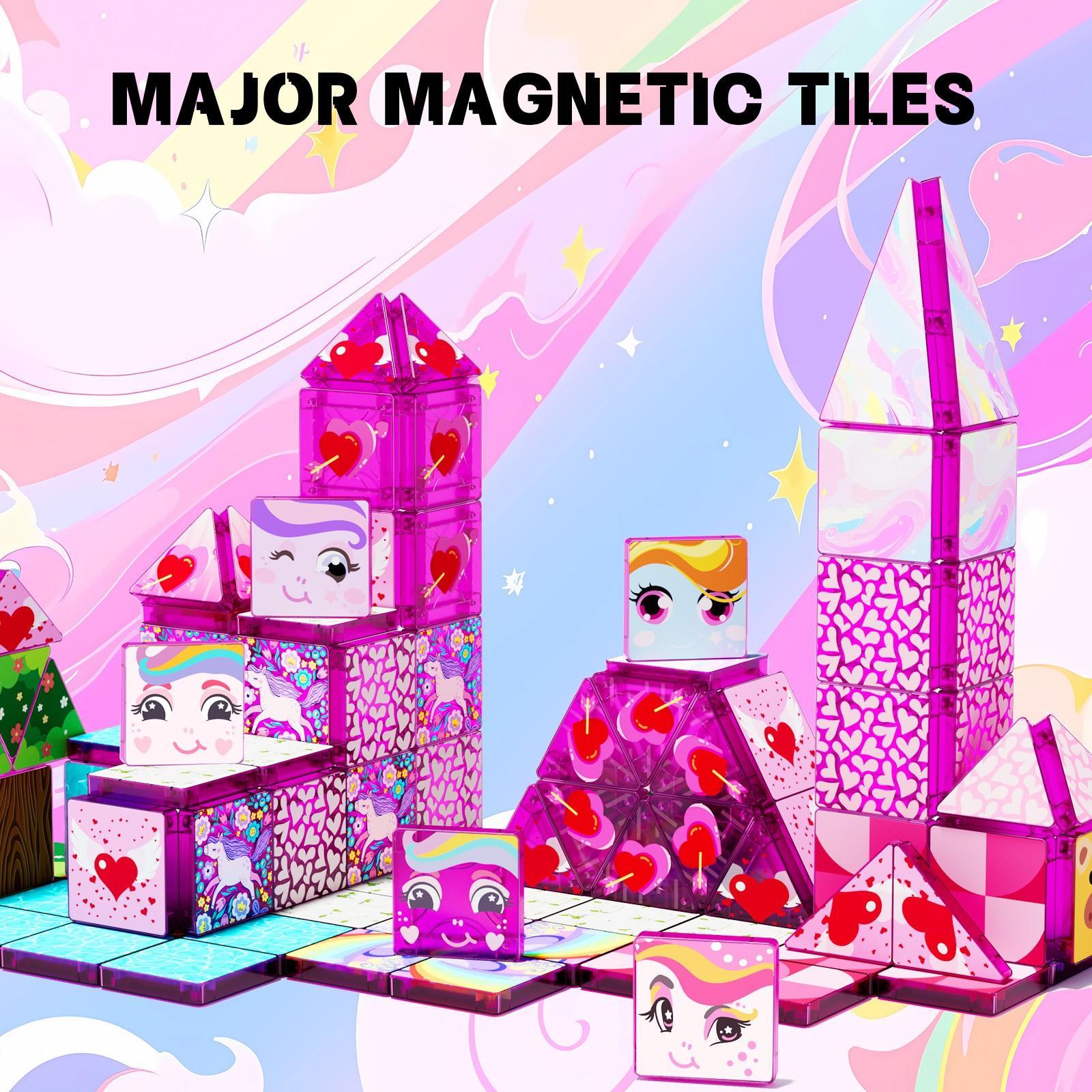 【New Sticker Set】60PCS,1.48inch Creative Sticker Magnetic Tiles,My Little Pony，Magnet Building Blocks Cubes Construction Stacking Educational Assembly Toy Preschool STEM Play Creative Playboard for Toddler Kids Ages 3+,Kids Toys best gift