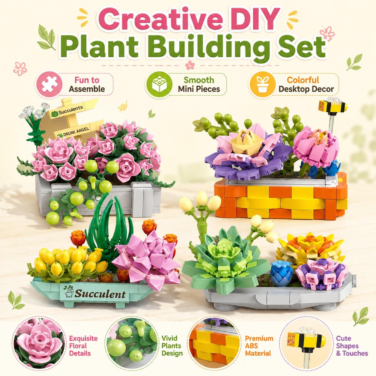 4 PC Micro Building Blocks Succulent Collection, Building Block Flowers, Floral Display Style, Four Decorative Plant Designs with Vivid Colors and Mini Pieces, Relaxing DIY Toy for Home Office Shelf Decor, Christmas Gift, Collectible Model