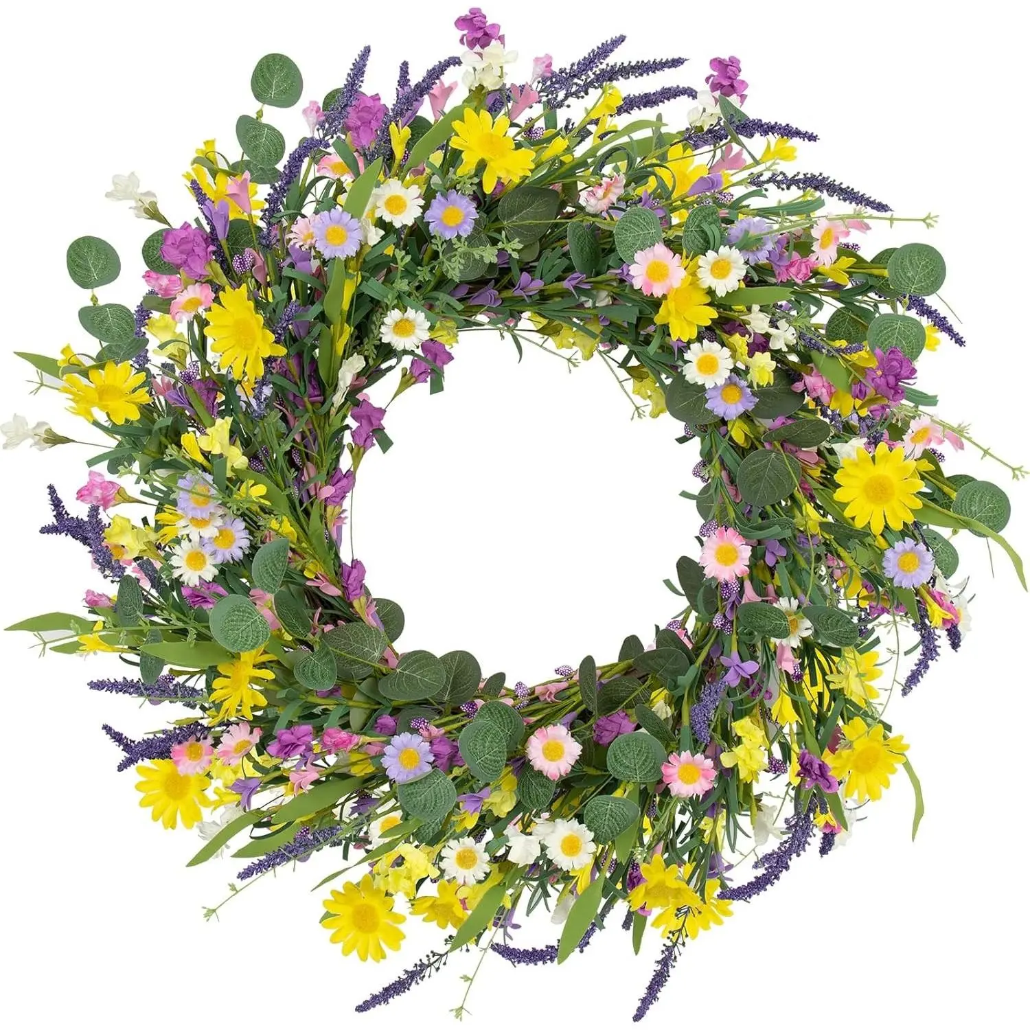 22 Inch Artificial Spring Summer Wreath with Daisy Lavender and Wildflowers for Front Door Home Wall Farmhouse Easter Holiday PartyGift