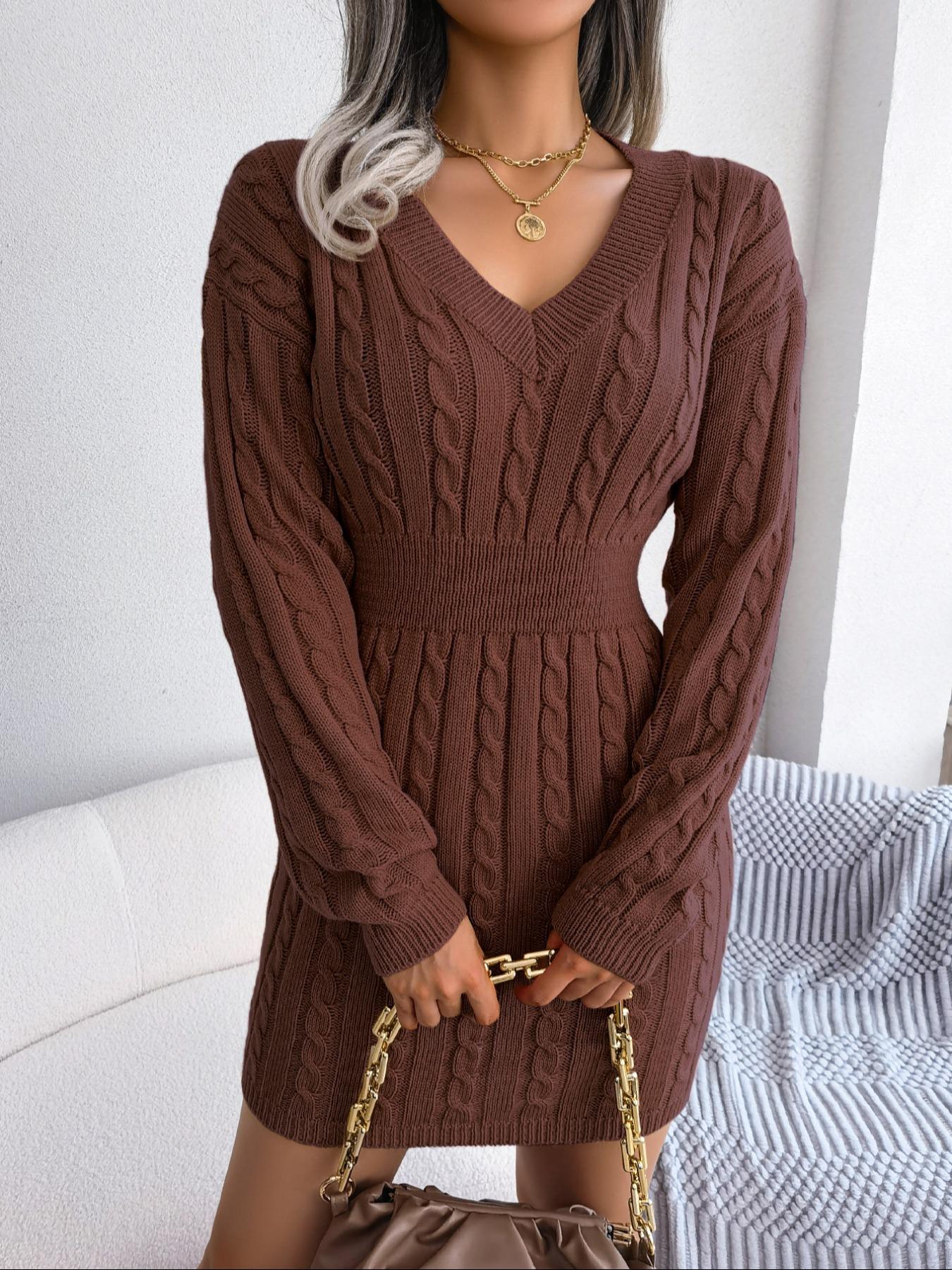 Women's Basic Comfort Solid Textured Drop Shoulder Sweater Dress, Lady's Lady Long Sleeve V Neck Cable Knit Dress, Casual Chic Dress