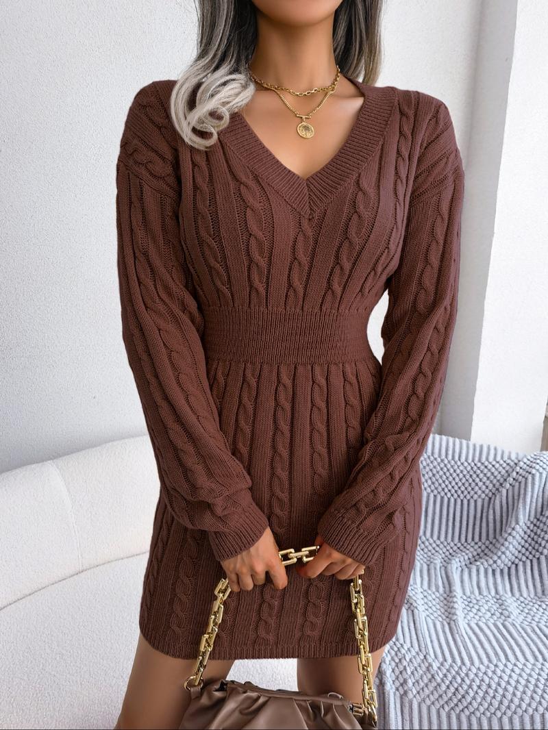 Women's Basic Comfort Solid Textured Drop Shoulder Sweater Dress, Lady's Lady Long Sleeve V Neck Cable Knit Dress, Casual Chic Dress