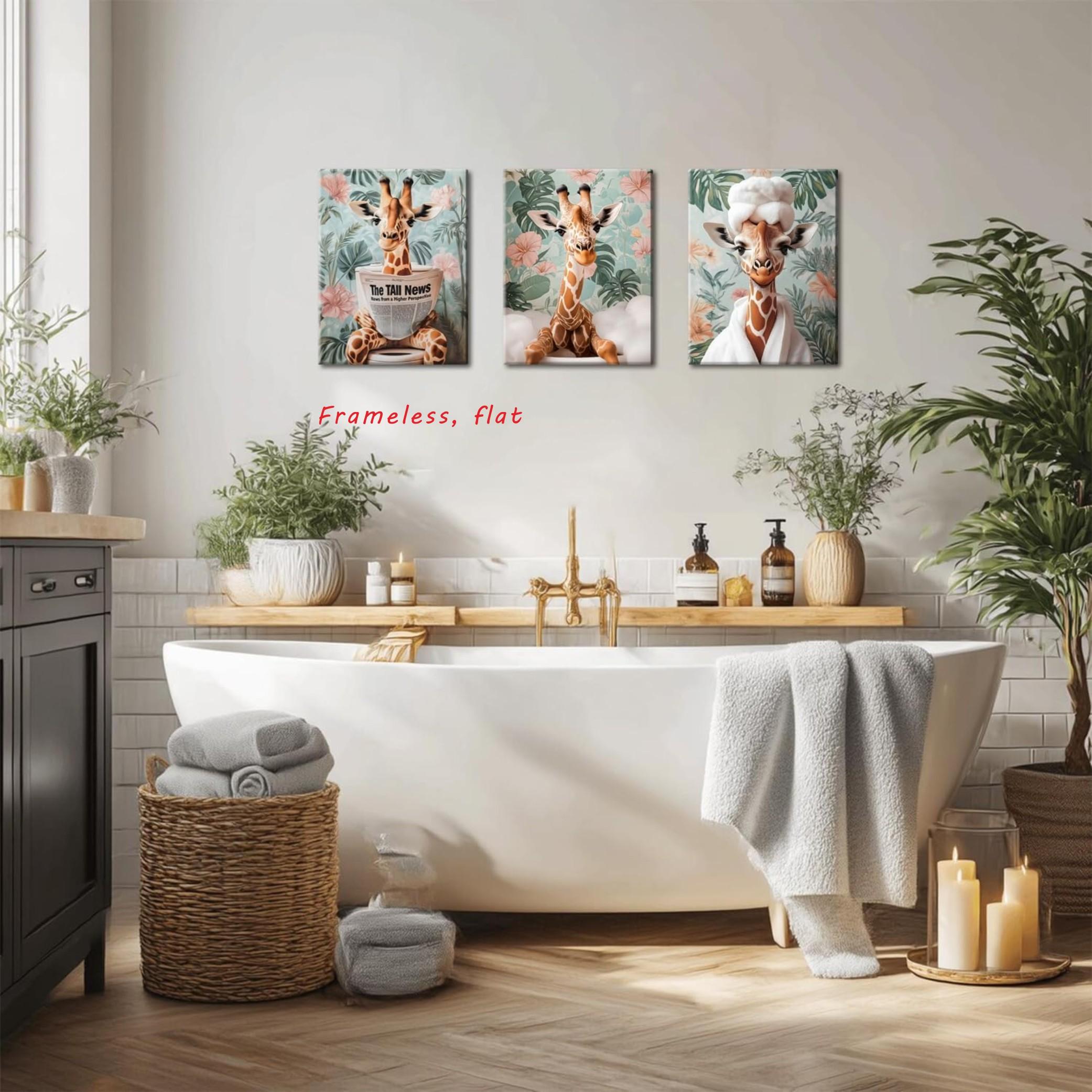 3-Piece Set / Giraffe Wall Art Playful giraffe animal poster with floral background Bathroom decor Modern farmhouse style Frameless wall decor