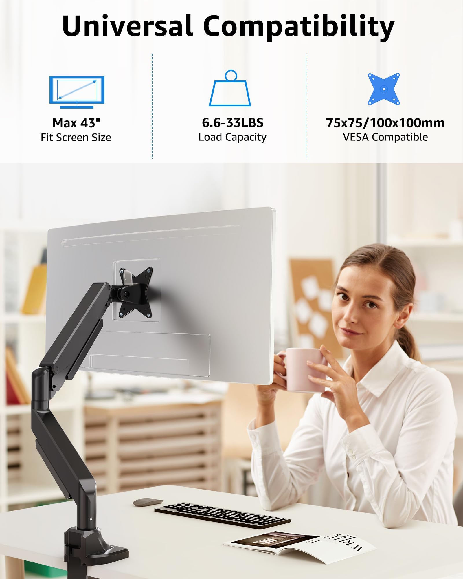 MOUNTUP 17''-43'' Single Monitor Mount for Ultrawide Screen 6.6-33lbs, Heavy Duty Gas Spring Monitor Stand for Flat/Curved Screen, MU7011