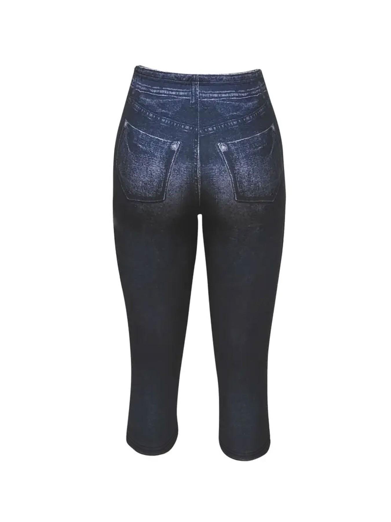 Women's Printed Skinny Pants Non-Denim Fabric, Ladies Seven-Inch Print Jeans-Like Bottoms, All Seasons Fashion