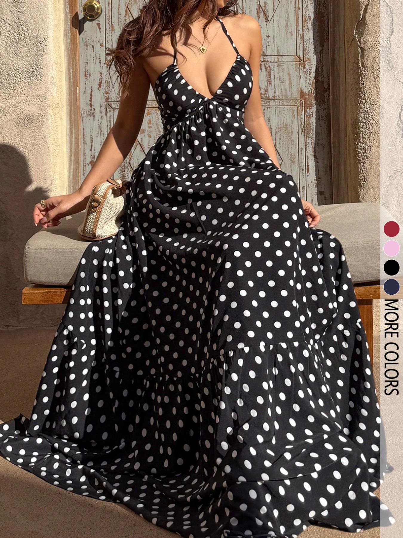 Women's All Over Print Backless Halter Neck Deep V-Neck Summer Beach Vacation Bodycon Dress, Casual Boho Elegant Maxi Long Dress
