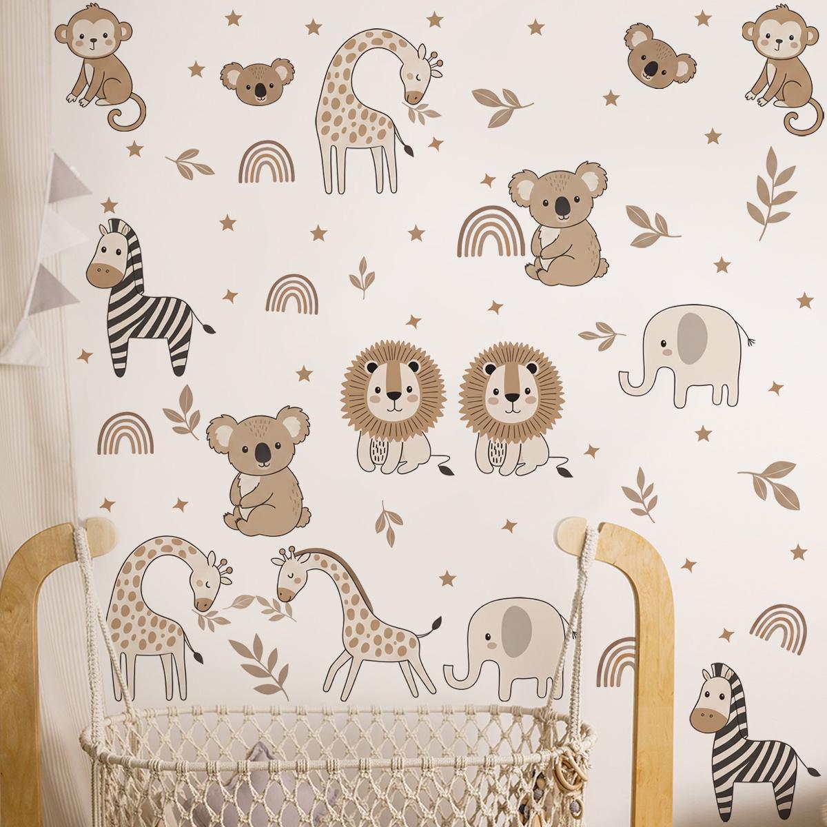 2Pcs Set (3060cm2pcs) Boho Jungle Animals Self-Adhesive Wall Stickers, Versatile Cute Home Wall Decals for Kids Room
