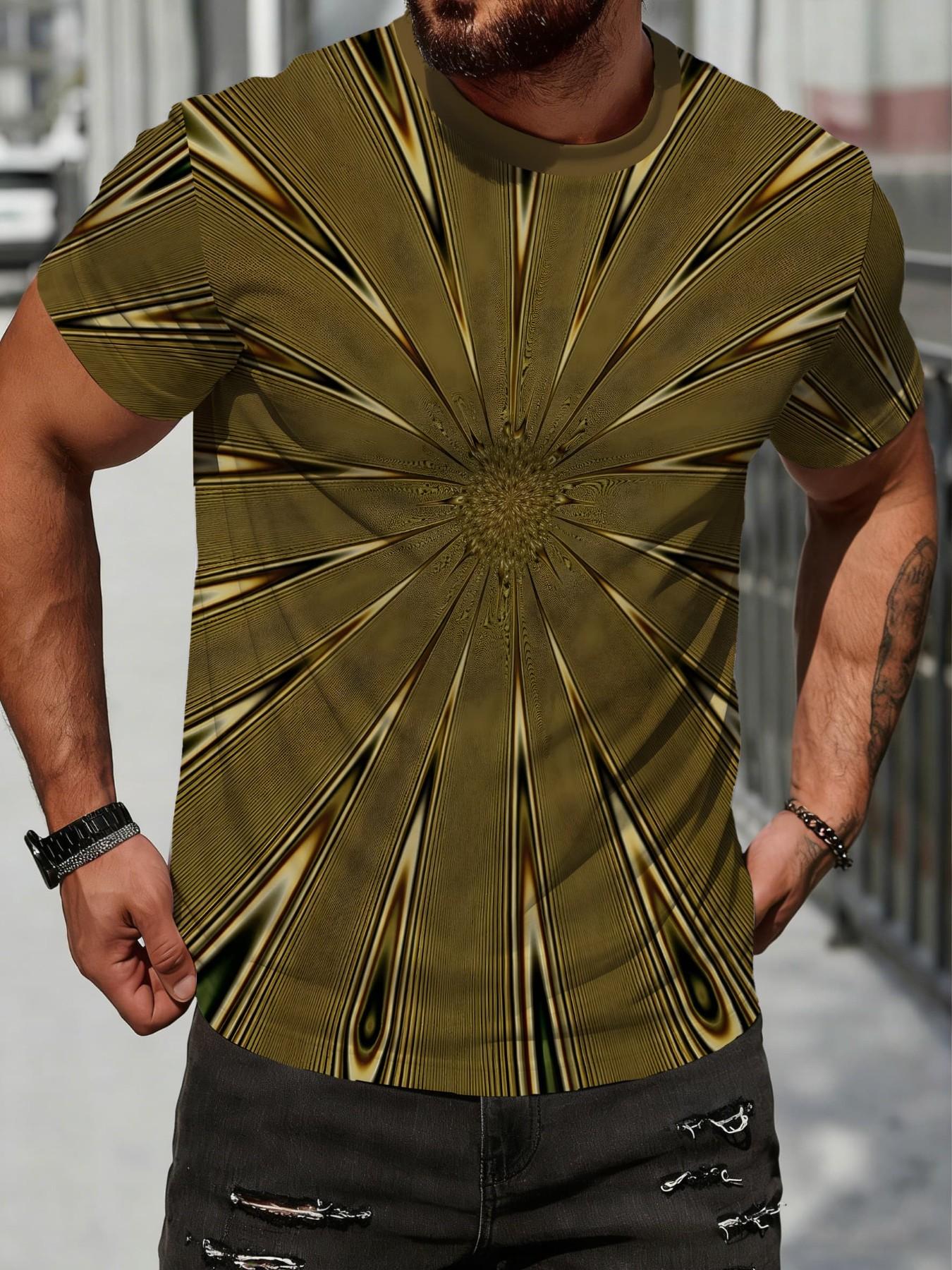 High-End Luxury Men's Ice Silk Short Sleeve T-Shirt, Summer New Business Casual Round Neck Top, Geometric Gradient Pattern, Breathable and Comfortable