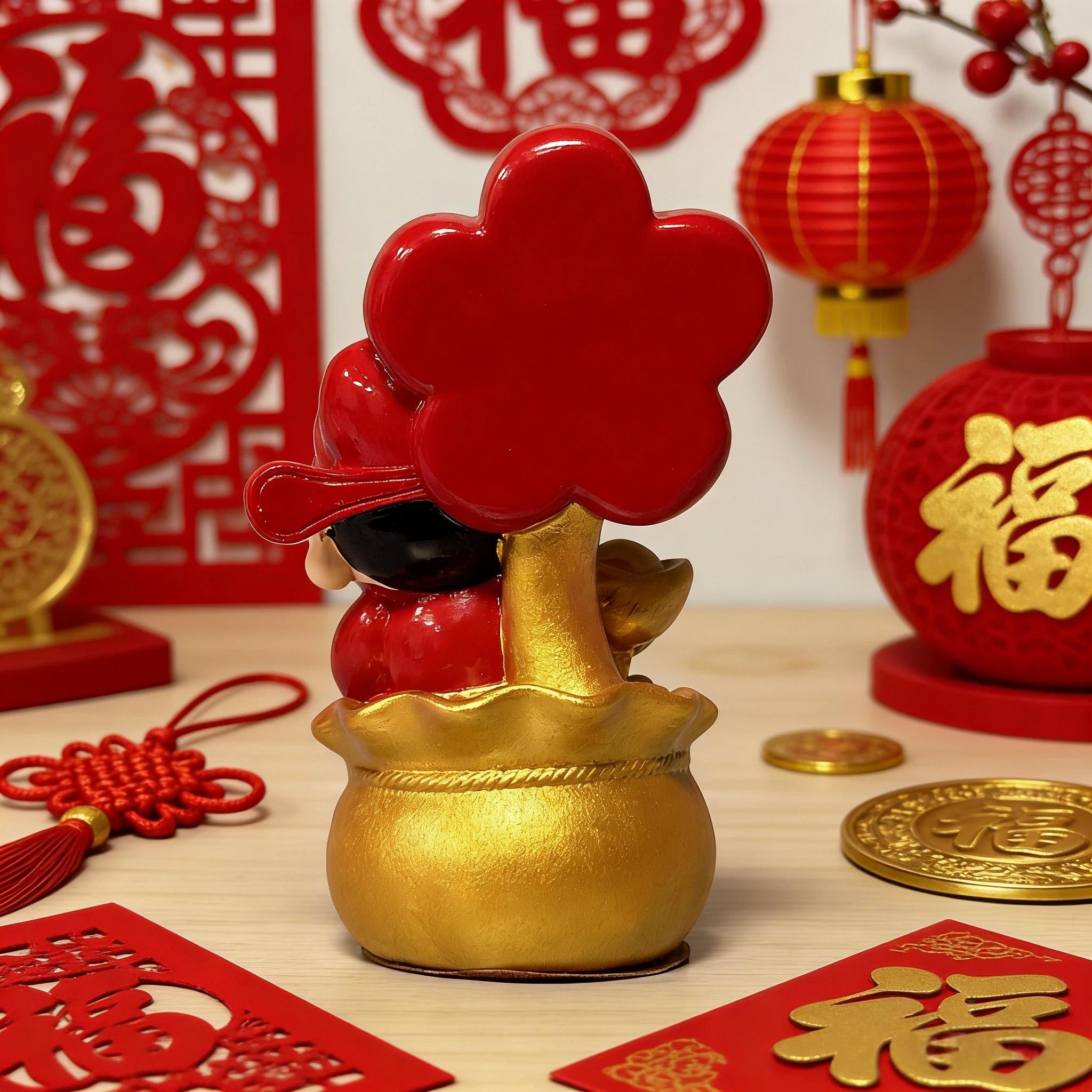 Cute Mini Resin Fortune God Figurine, Traditional, Holding Yuan Bao Money Bag, Desk/counter/car Use, Attracts Wealth