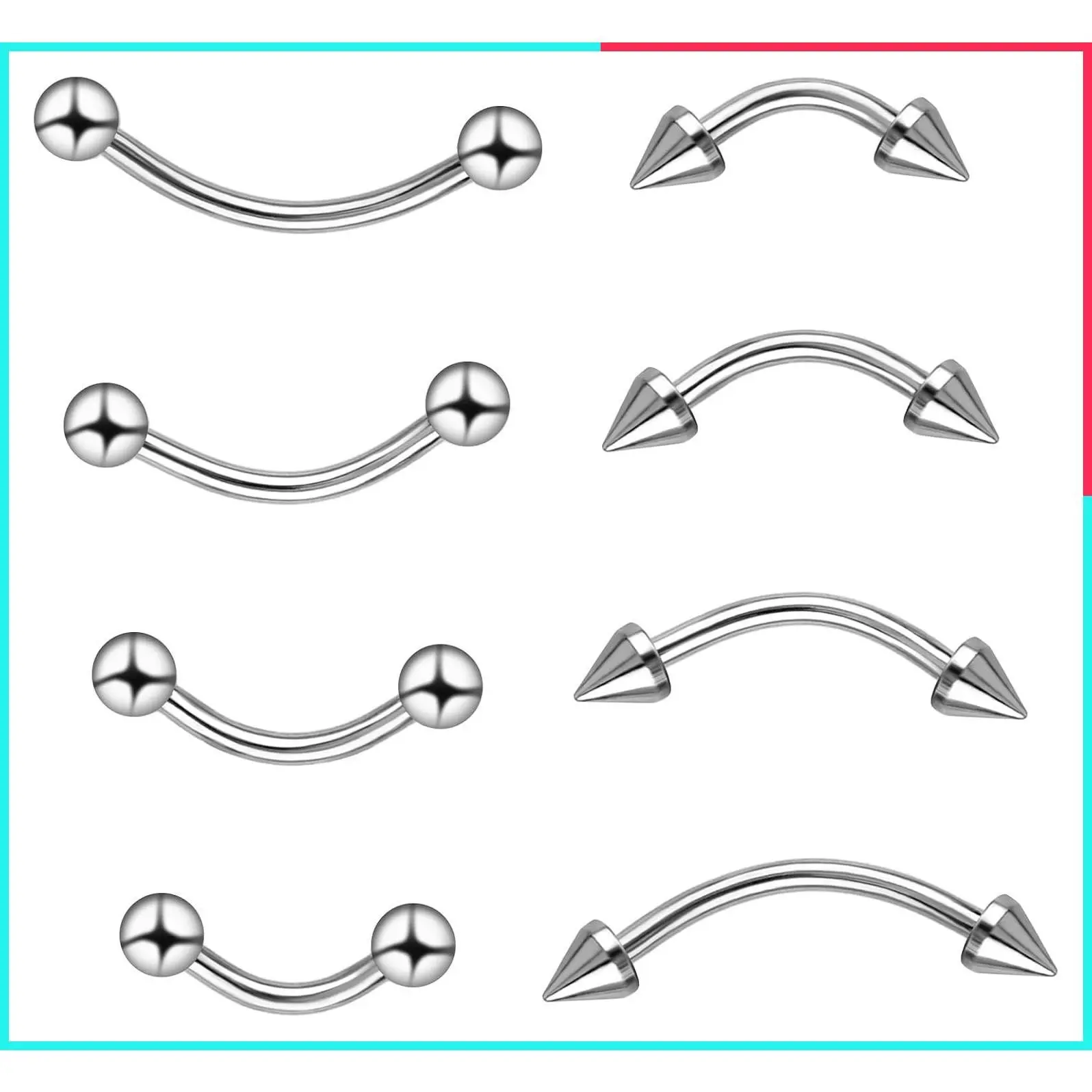 8-Piece Eyebrow Piercing Jewelry Set - 16G Vertical Labret Lip Rings & Curved Barbell Eyebrow Rings