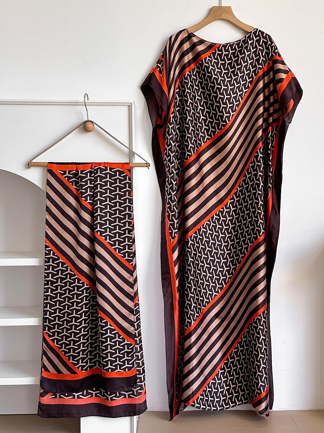 Women's Colorblock Print Long Scarf & Poncho Set, Casual Soft Comfortable Shawl for Beach Vacation, Fashion Accessories for Women & Girls