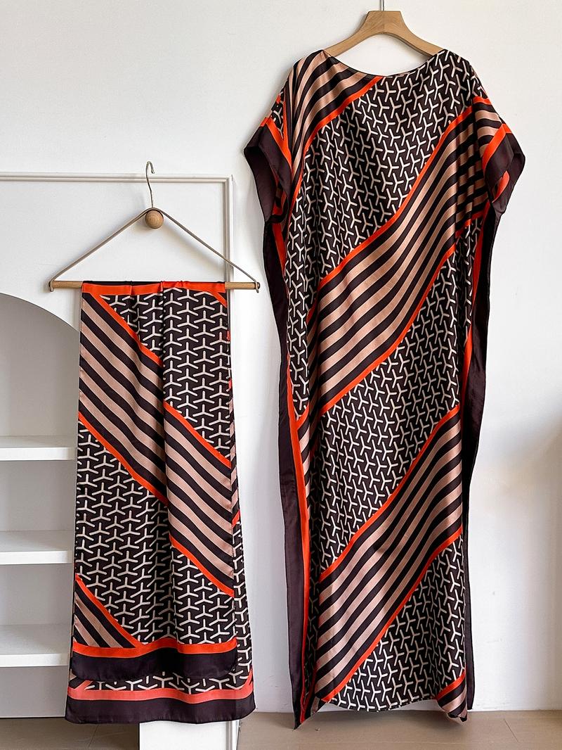 Women's Colorblock Print Long Scarf & Poncho Set, Casual Soft Comfortable Shawl for Beach Vacation, Fashion Accessories for Women & Girls