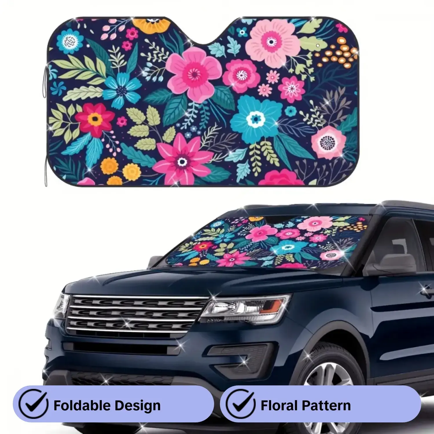 1pc Beautiful Flower Pattern Foldable Car Front Windshield Sunshade- Sunshade for Car Windshield, Sunshade Keeps Car Cool, Easy to Store, with Elastic Suitable, SUVs, Trucks, and Pickup Trucks, Car Interior Accessories, Sunshade Cover