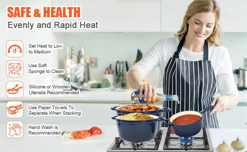 Elf Grill Nonstick Enameled Cast Iron 7-Piece Cookware Set with Dutch Oven & Frying Pans Oven Safe to 500°F for Sourdough Baking Modern Kitchenware