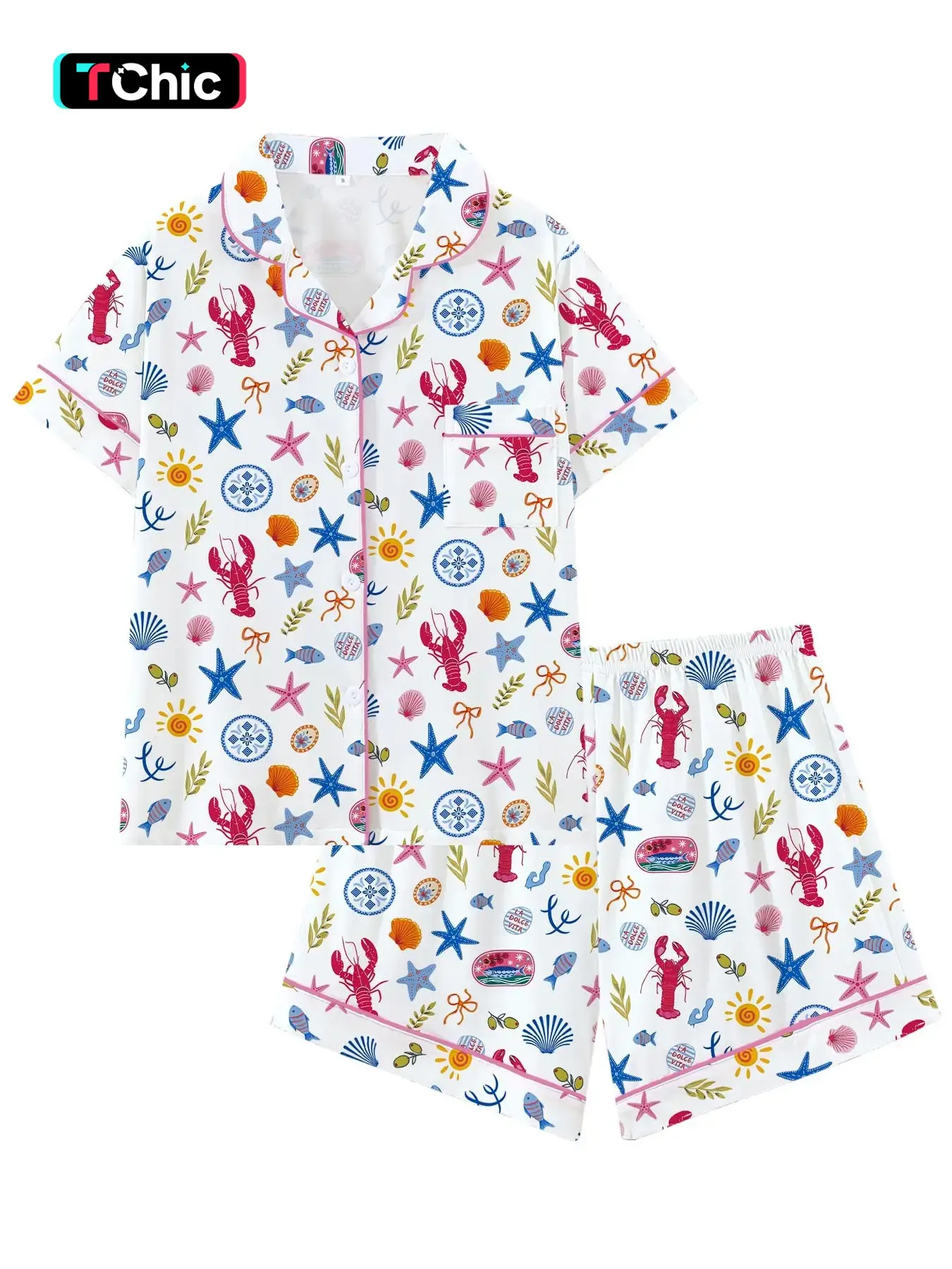 European Summer Lobster Print Pajama Set for Women, Cute Mediterranean Coastal Starfish Sleepwear, Soft Short Sleeve Button Down Lounge Outfit with Pink Piping, 2-Piece Resort PJs, Vacation Nightwear, Casual Loungewear Outfits, Loungewear