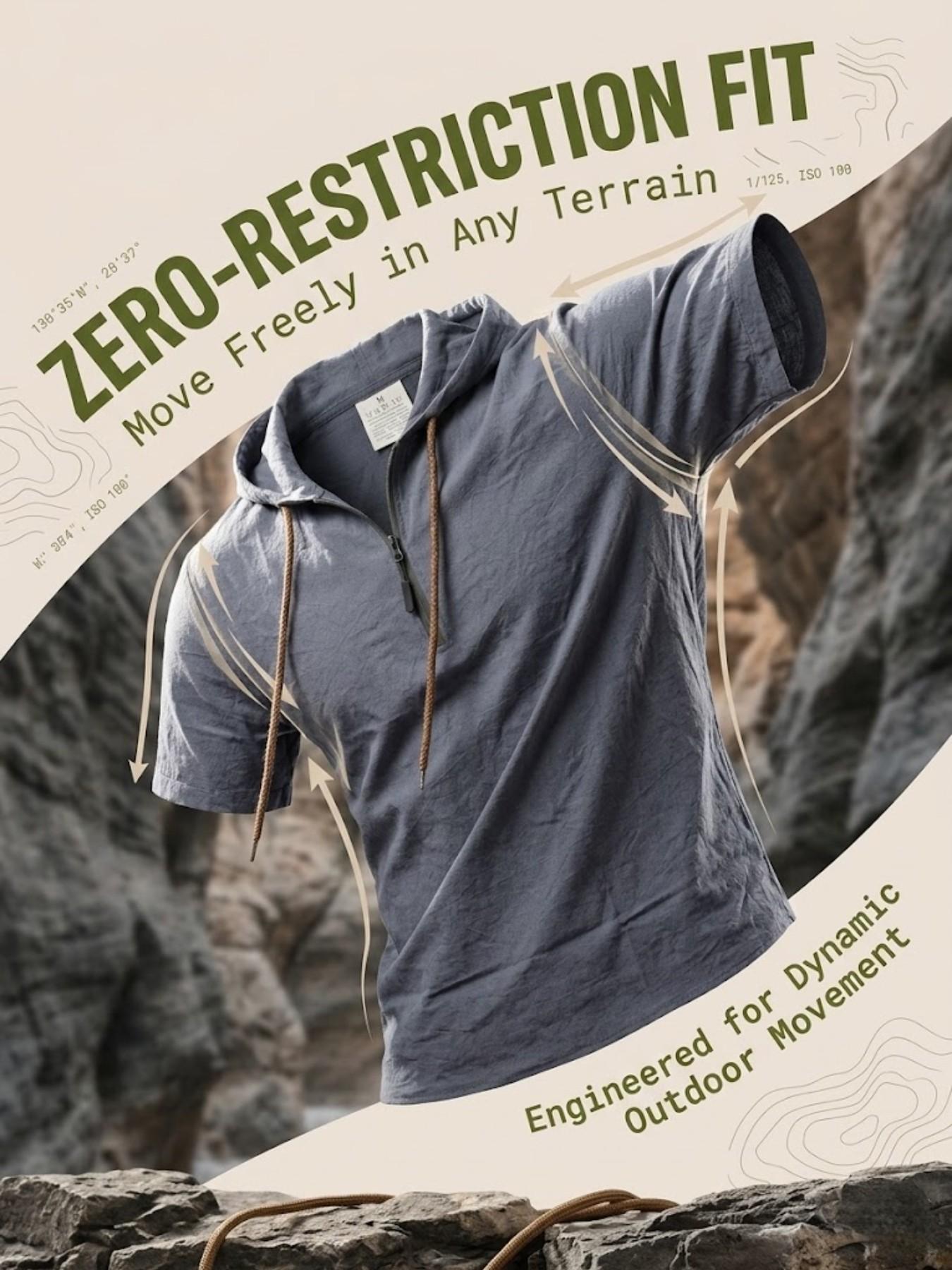 Men's Linen Breathable Half-Zip Hooded Short Sleeve T-Shirt, Summer Casual Sports Sweatshirt, Comfortable Loose Fit Plain Design