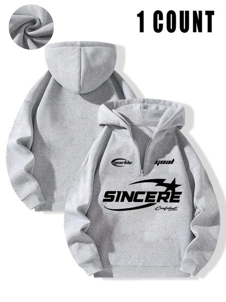 Men's Letter Print Drop Shoulder Zip Up Hoodie, Fashion Casual Regular Fit Hooded Sweatshirt for Daily Holiday Outdoor Wear, Men Clothes for Fall & Winter