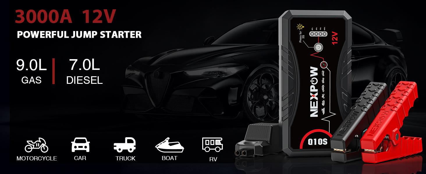Car Jump Starter 2026 Upgraded Car Battery Jump Starter Pack 3000A Peak for Up to 9.0L Gas and 7.0L Diesel Engine 12V Auto Battery starter Jumper Cables Portable Lithium Jump Box with USB QC3.0