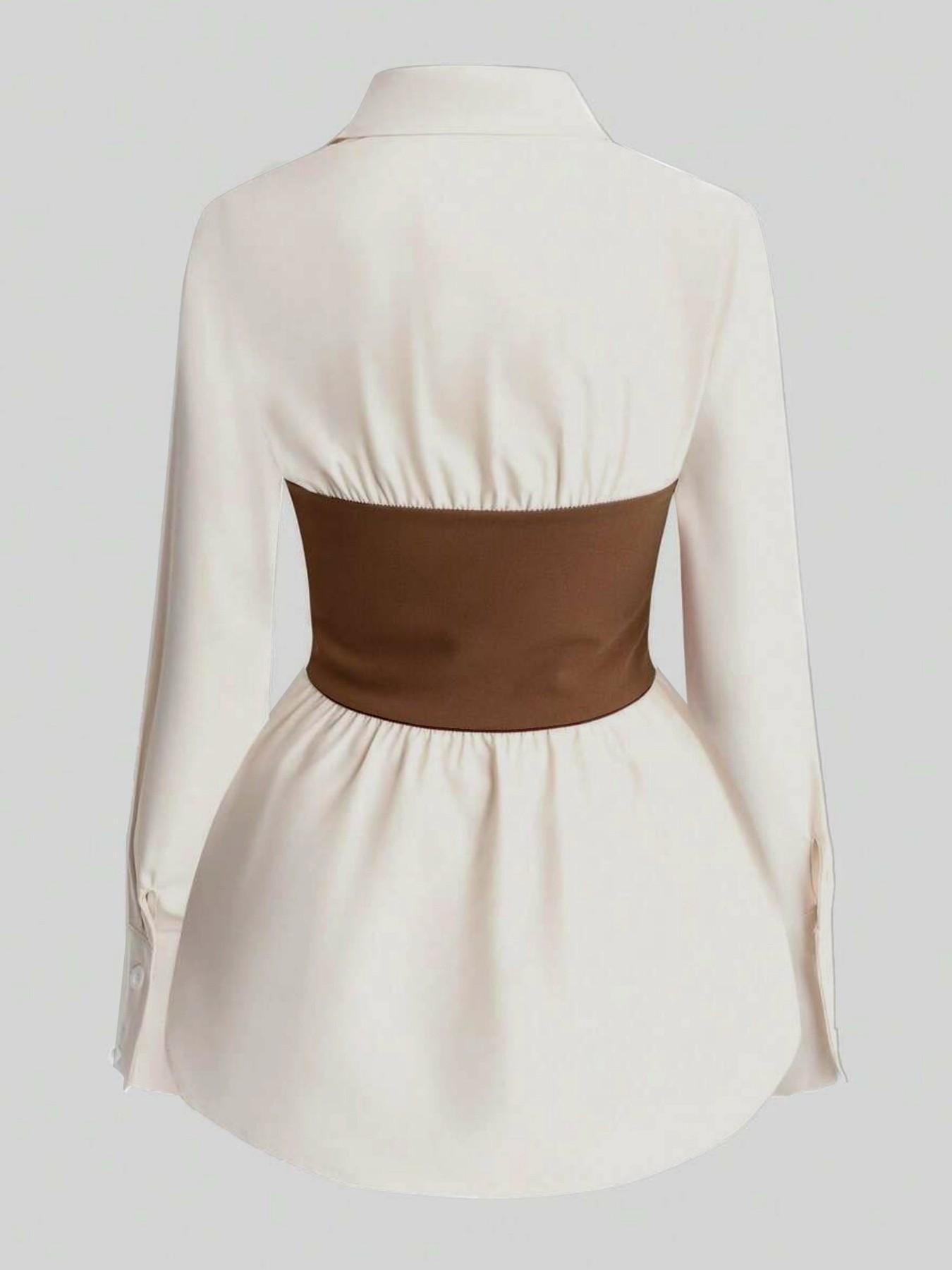 Women's Fall Winter Slimming Belted Colorblock Collar Blouse Set, Asymmetric Hem Design, Casual Daily Commute Two-Piece, Multiple Colors Available