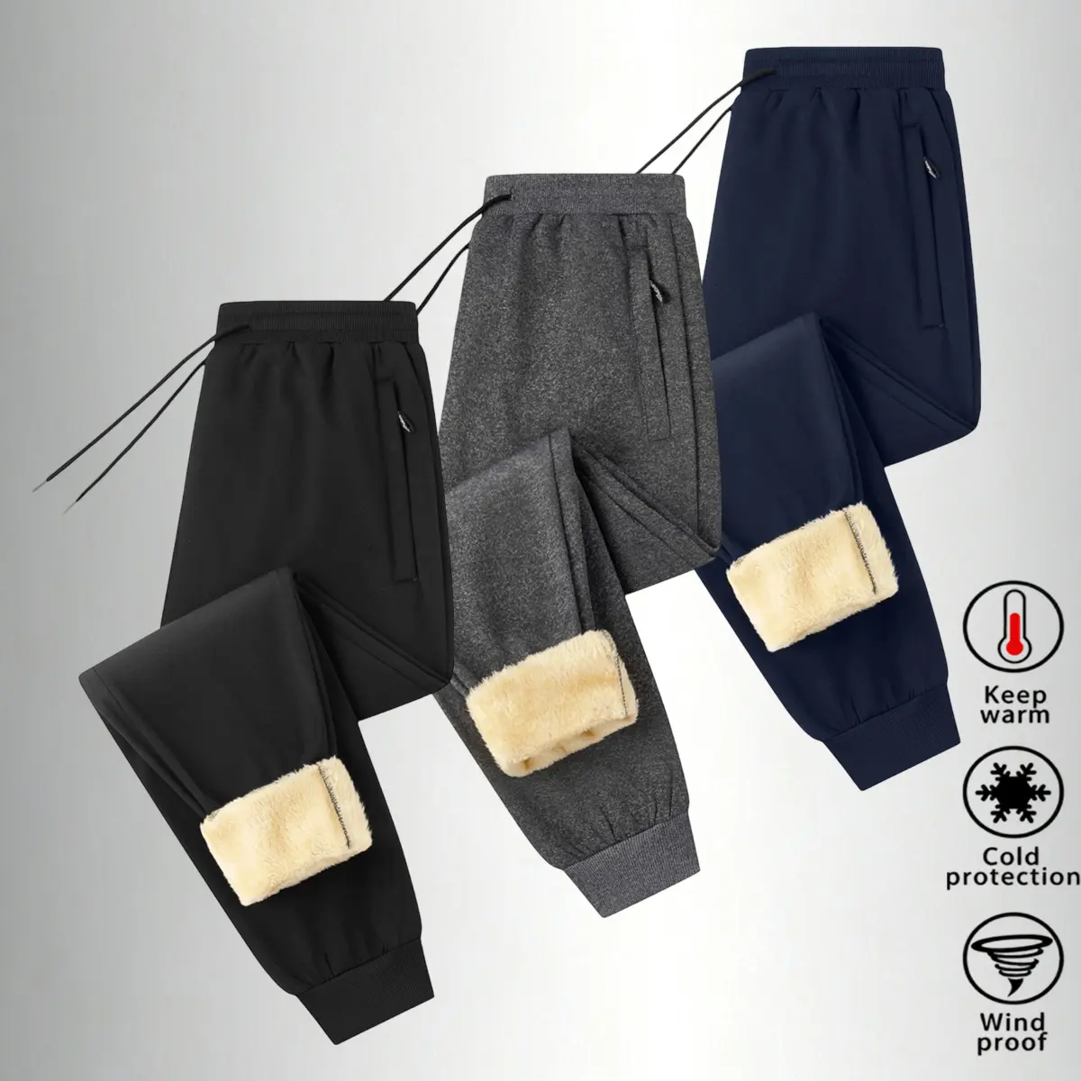 Men's Fleece Lined Jogger Pants 3 Pack, Soft Fluffy Fabric With Elastic Waistband And Side Zip Pockets, Ribbed Ankle Cuffs Loose Fit Fleece Sweatpants Set, For Winter Family Gatherings Casual Sports And Jogging, Men's Warm Cozy Winter Joggers