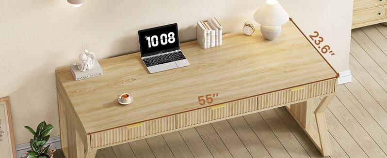 SEDETA 55" Executive Office Desk with 3 Drawers, Home Office Desk with Storage Drawers, Computer Writing Desk Study Table, Natural Oak