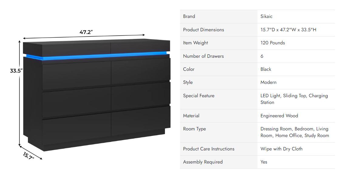 Sikaic LED Lights Dresser for Bedroom with Charging Station and Sliding Desktop Drawers Large Storage Tower Clothes Organizer