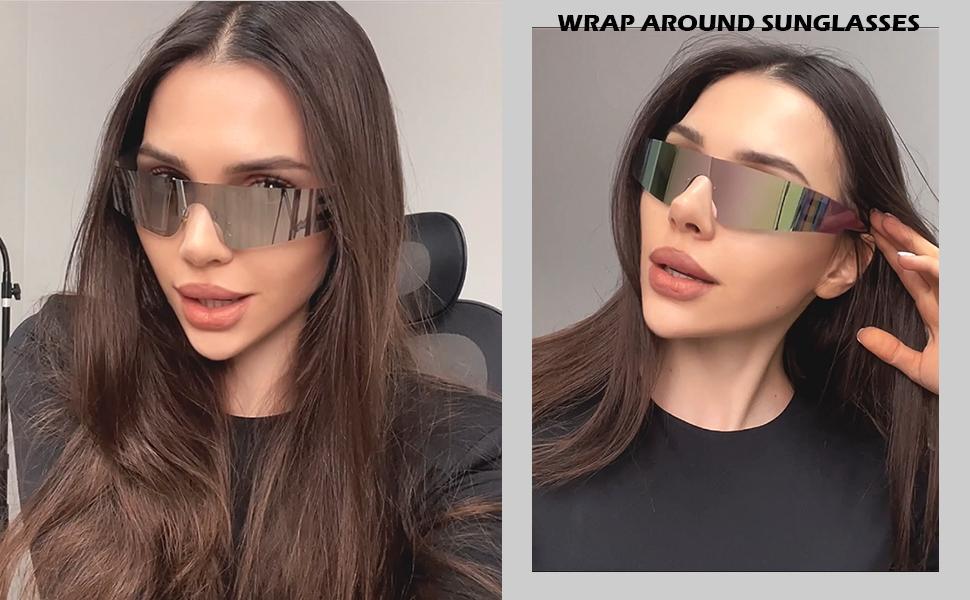 COASION Wrap Around Sunglasses for Women Trendy Rimless Futuristic Shades Y2k Shield Flat Top Fashion Eyeglasses
