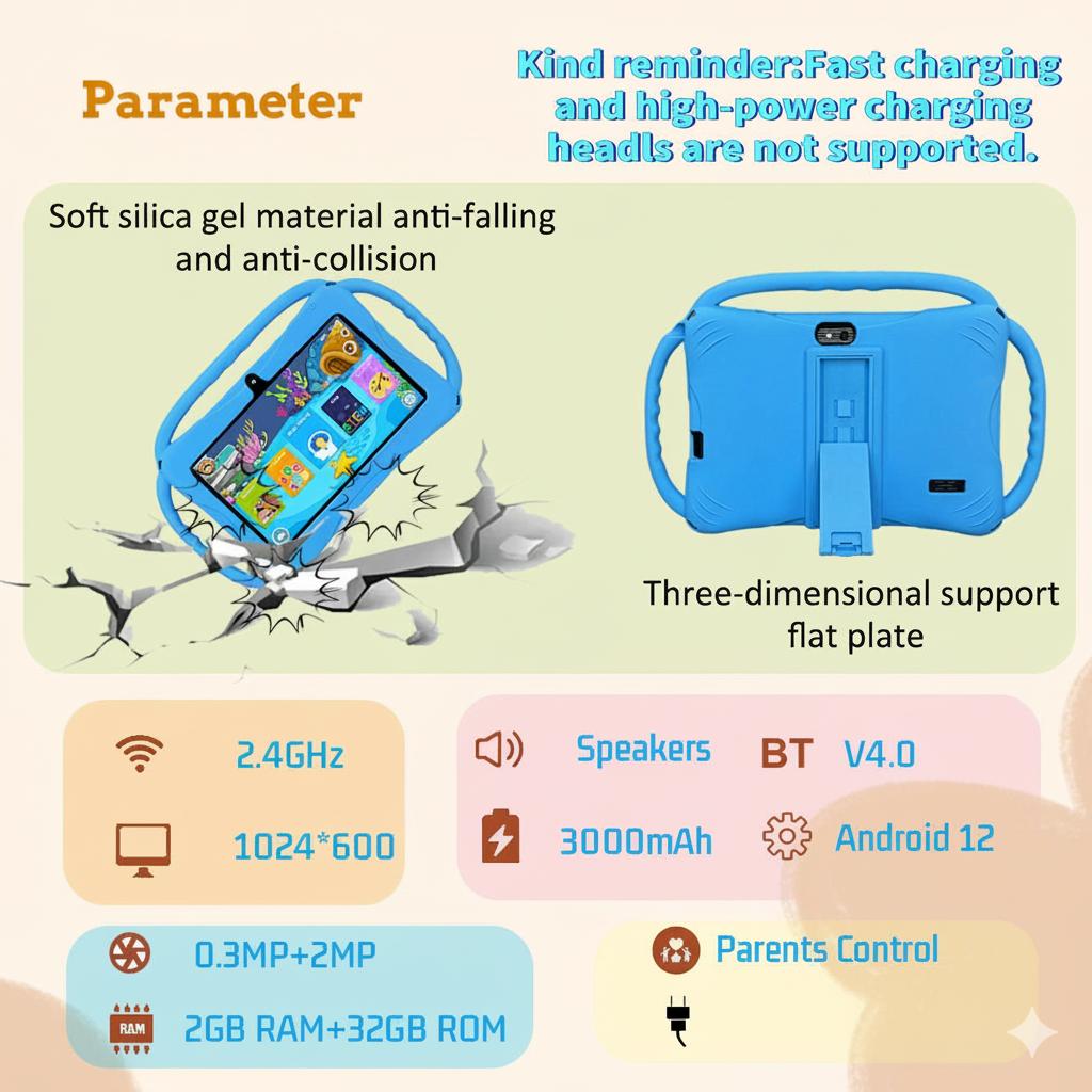 Educational Tablet,7-inch Kids Tablet with Three-Handle Shockproof Case |     Android Learning Tablet for Toddlers |     Parental Control, Dual Camera, WiFi |     Best Gift for Children Eye Protection