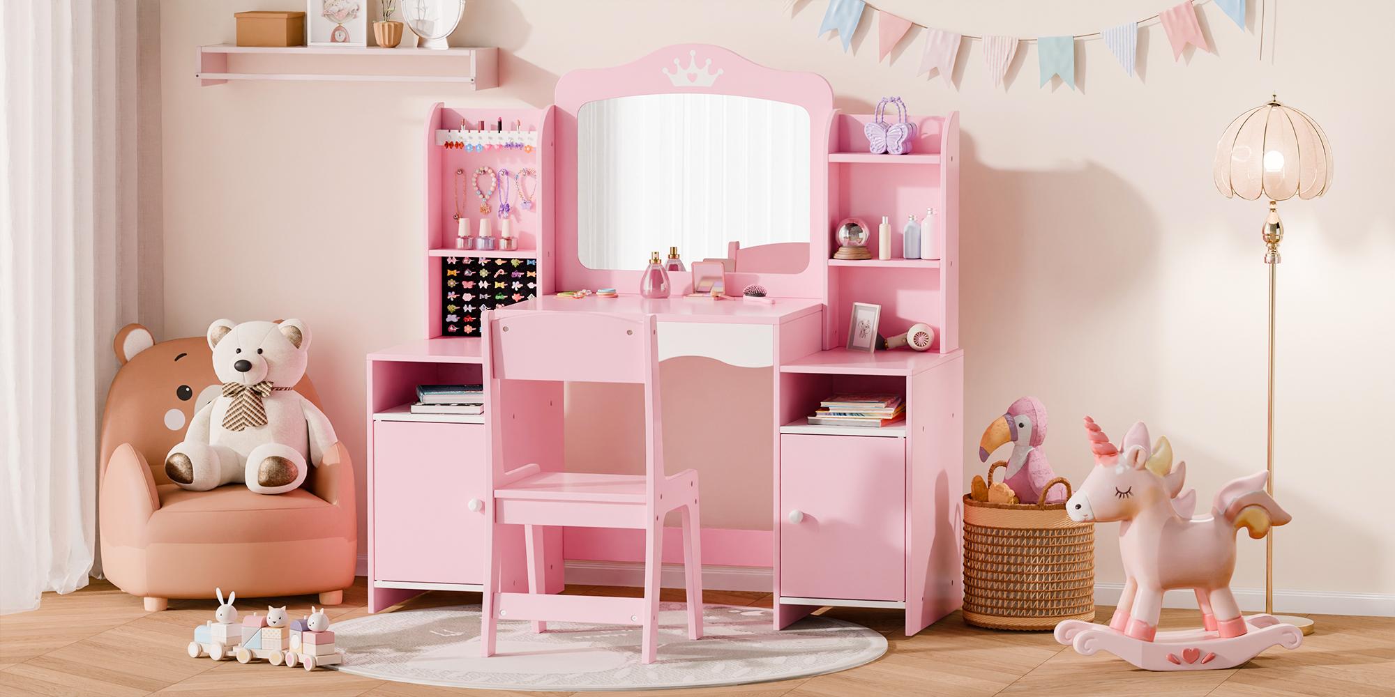 Topwin Blush Pink Dream Vanity Set/ Mirror & Free Throne Chair - 42-Slot Organizer Makeup Dressing Desk