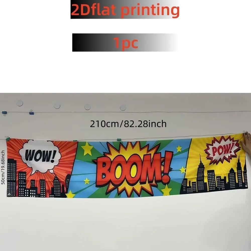 2D Flat Banner 1pc, American Comic Pop Art City Silhouette Background, Wow Boom Pow Sound Effect, Superhero Party Decor, Polyester Material
